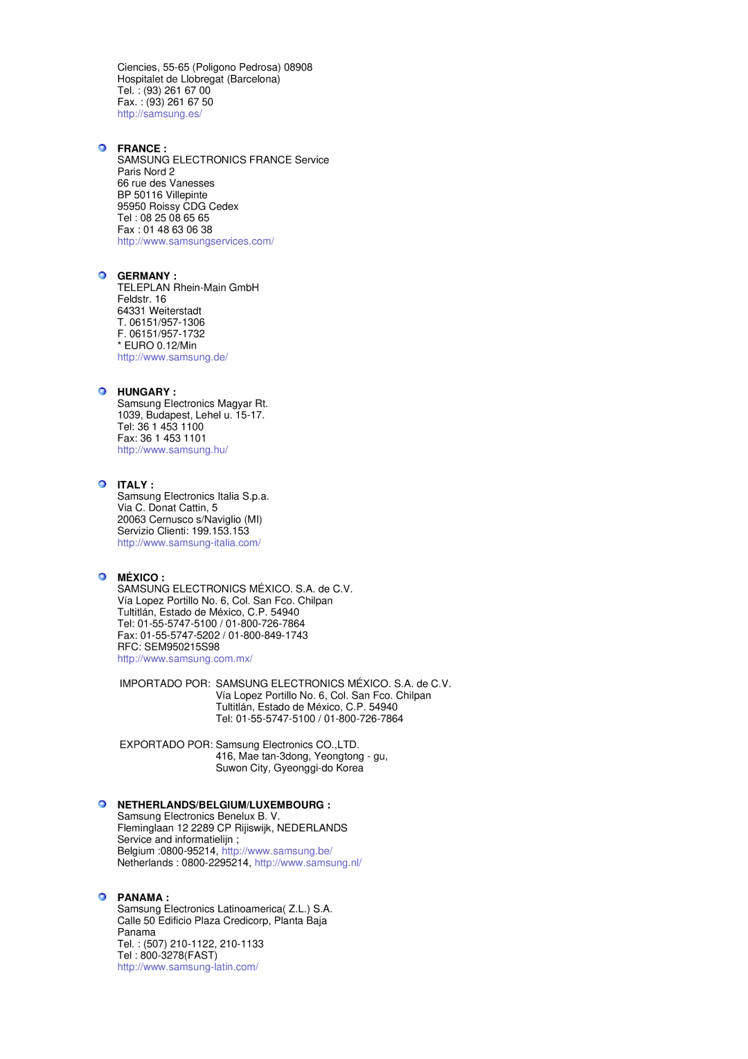 Samsung 403Tn manual France, Germany, Hungary, Italy, México, Netherlands/Belgium/Luxembourg, Panama 