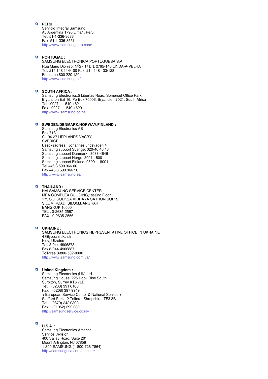 Samsung 403Tn manual Peru, Portugal, South Africa, Sweden/Denmark/Norway/Finland, Thailand, Ukraine 