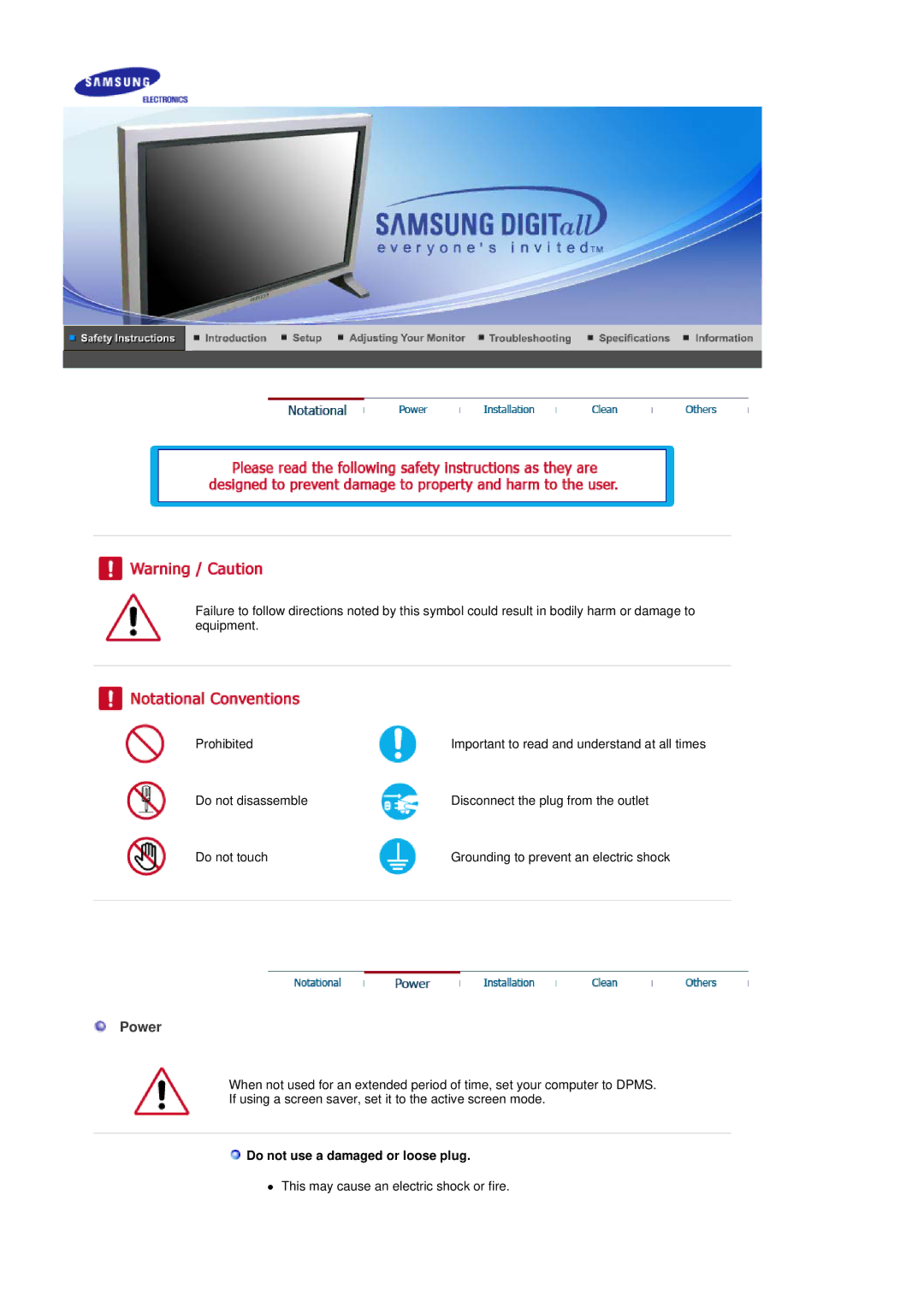 Samsung 403Tn manual Power, Do not use a damaged or loose plug 