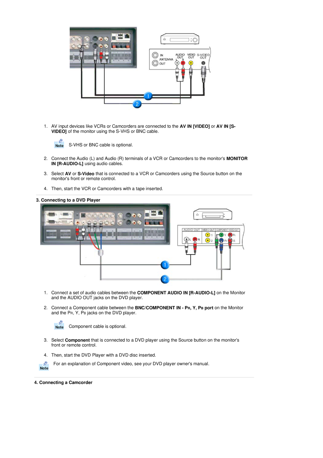 Samsung 403Tn manual Connecting to a DVD Player, Connecting a Camcorder 