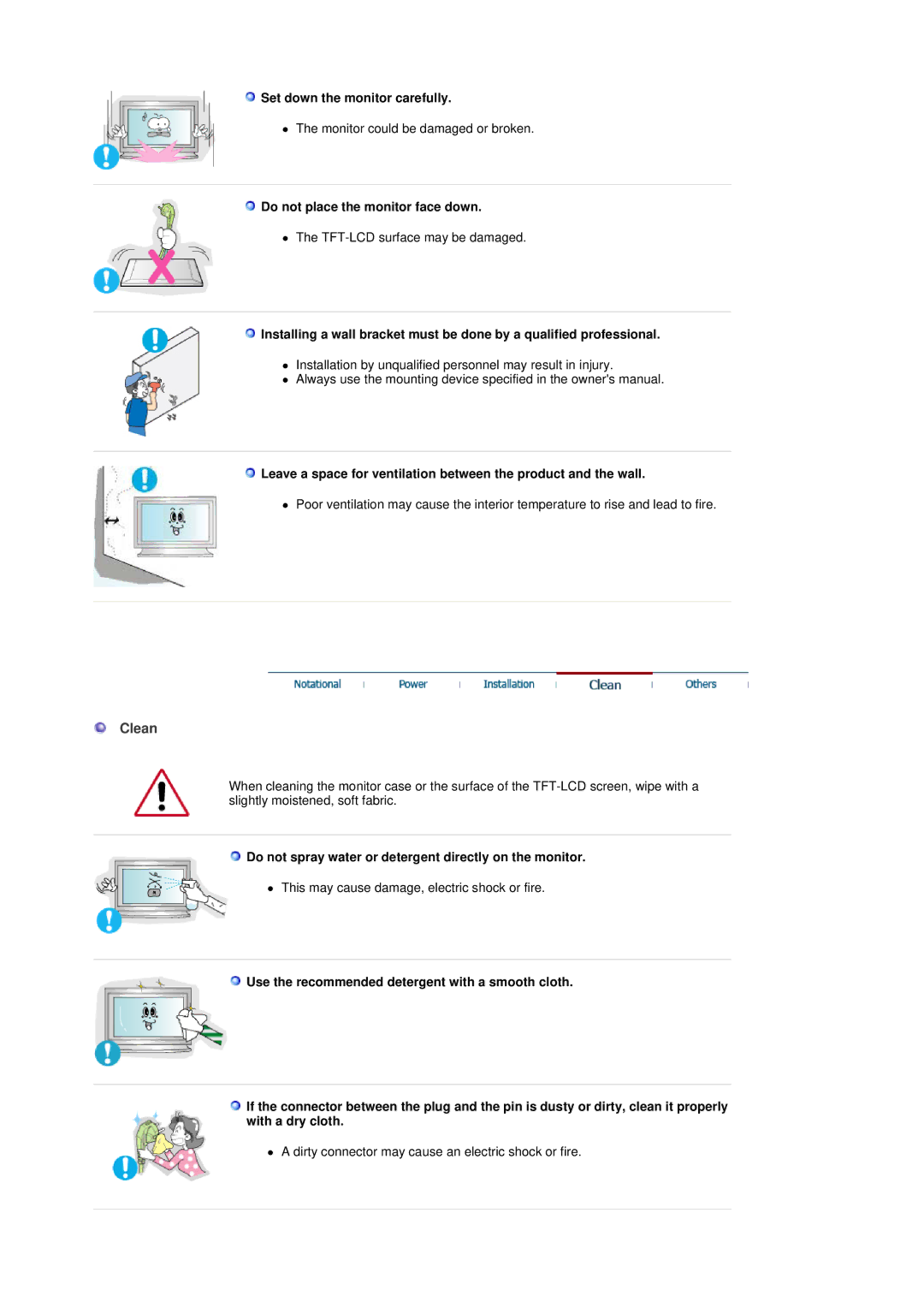 Samsung 403Tn manual Clean, Set down the monitor carefully, Do not place the monitor face down 