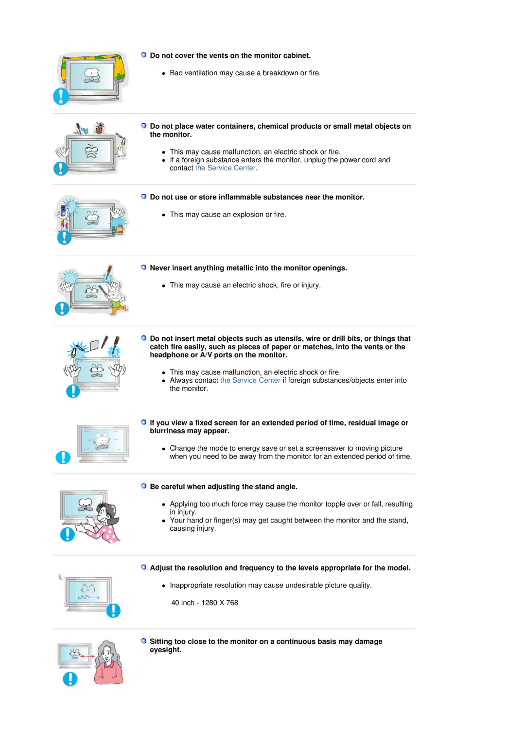 Samsung 403Tn Do not cover the vents on the monitor cabinet, Do not use or store inflammable substances near the monitor 