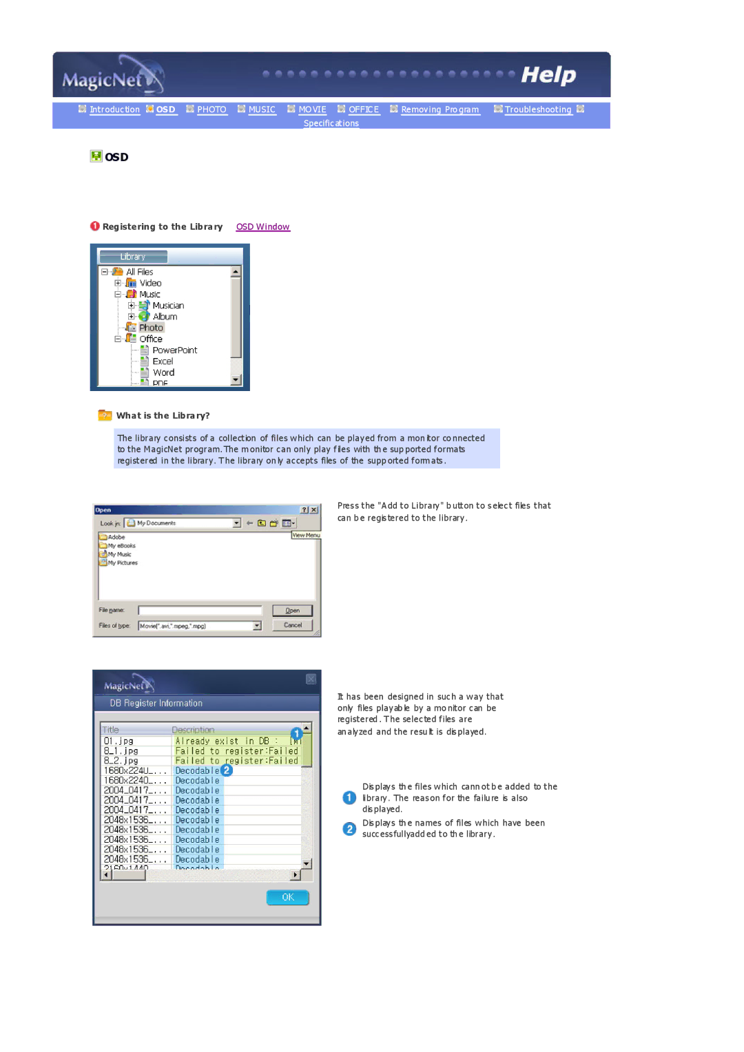 Samsung 403Tn manual Osd, Registering to the Library OSD Window What is the Library? 