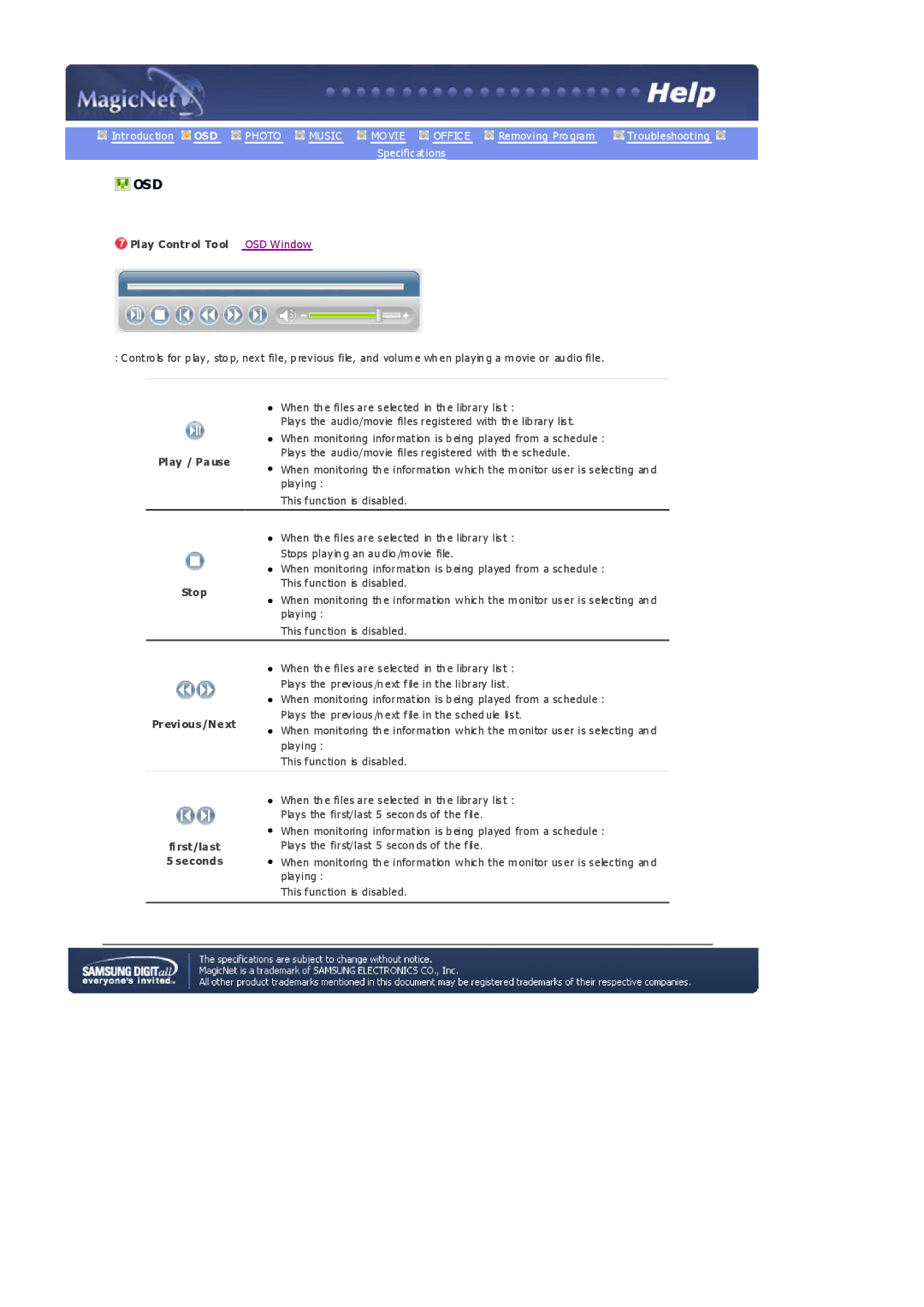 Samsung 403Tn manual Play Control Tool OSD Window, Previous/Next, First/last 5 seconds 