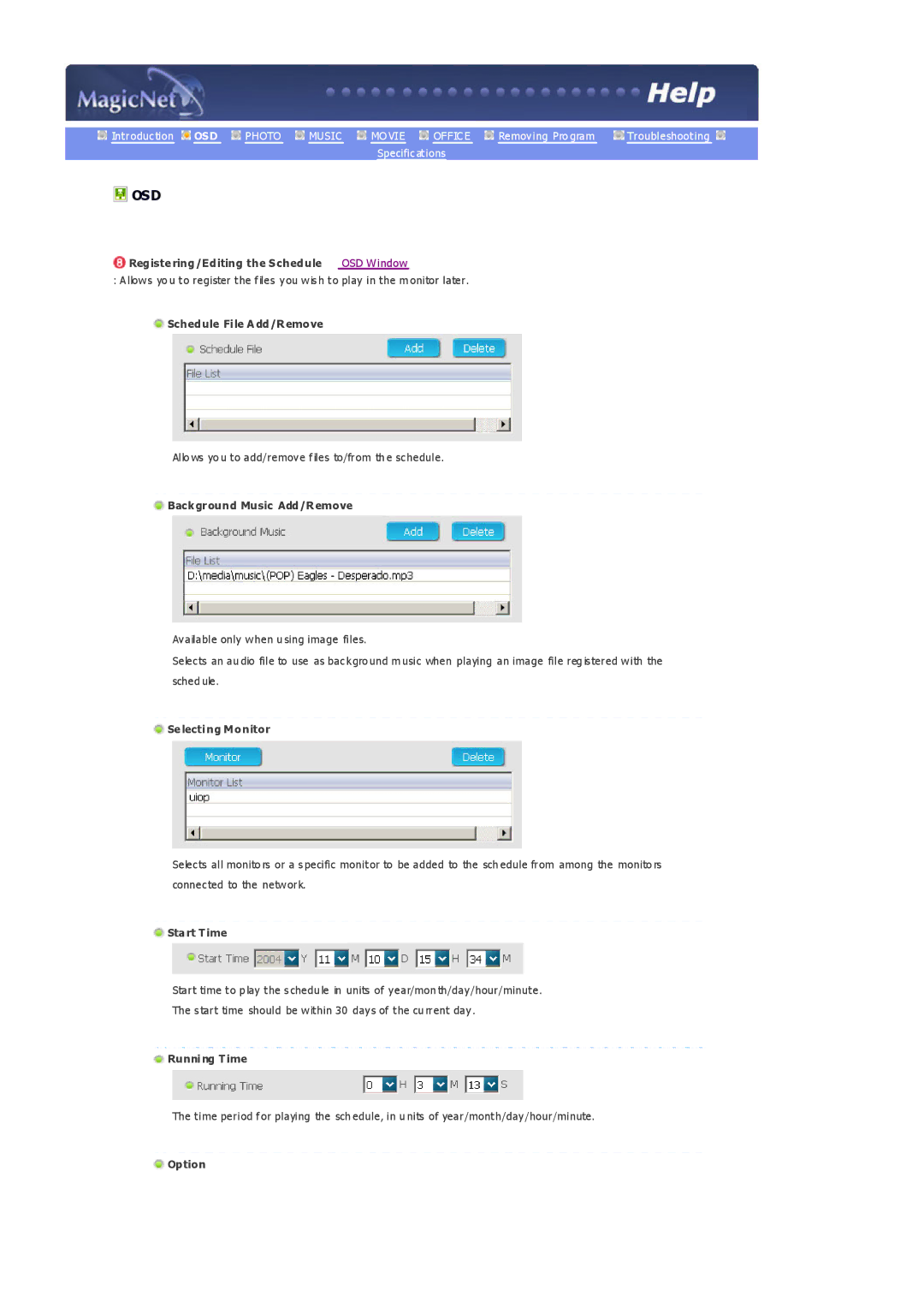 Samsung 403Tn Registering/Editing the Schedule OSD Window, Schedule File a dd/Remove, Background Music Add/Remove, Option 