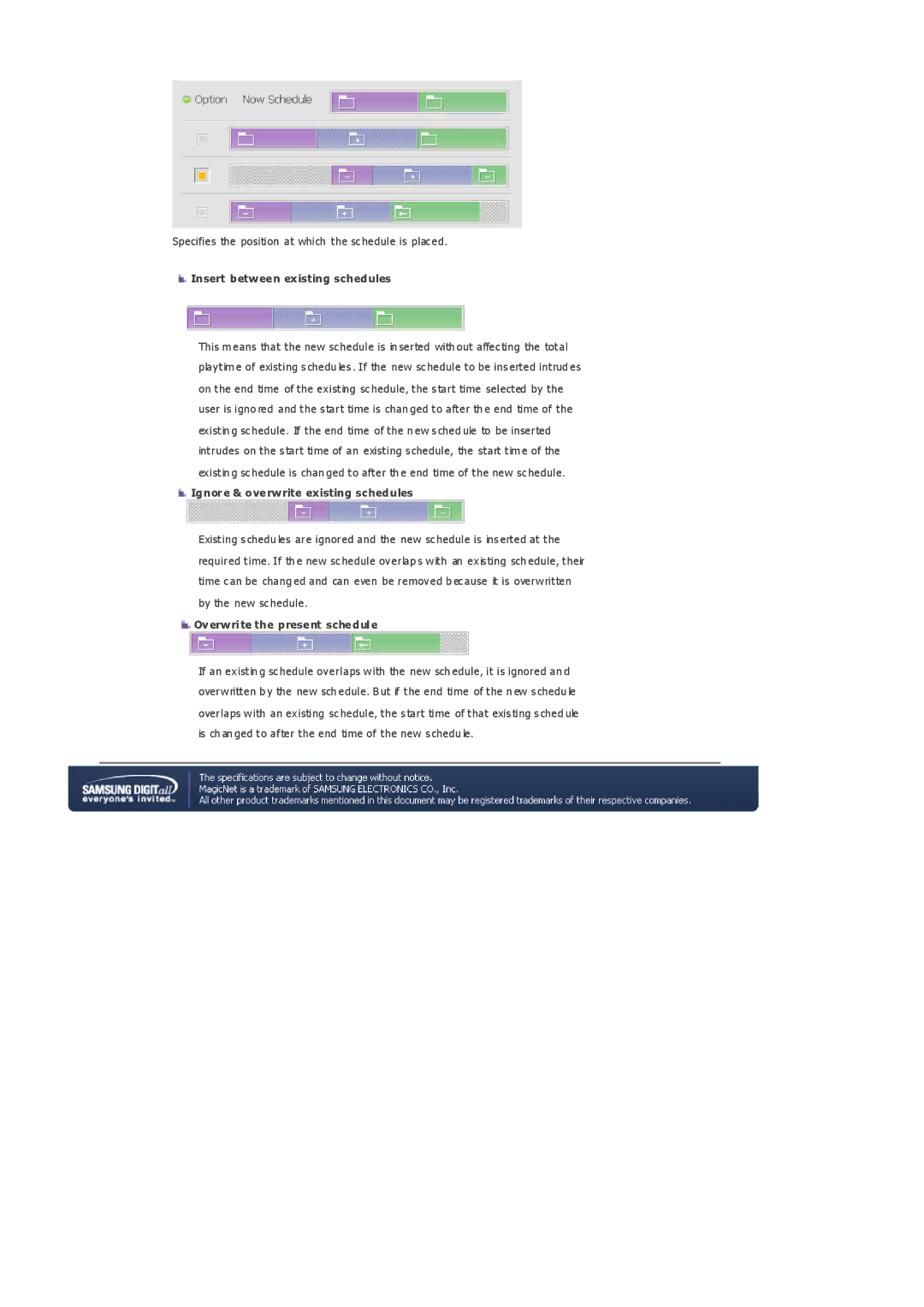 Samsung 403Tn Insert between existing schedules, Ignore & overwrite existing schedules, Overwrite the present schedule 