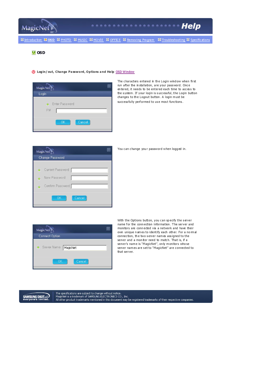 Samsung 403Tn manual Login/out, Change Password, Options and Help OSD Window 