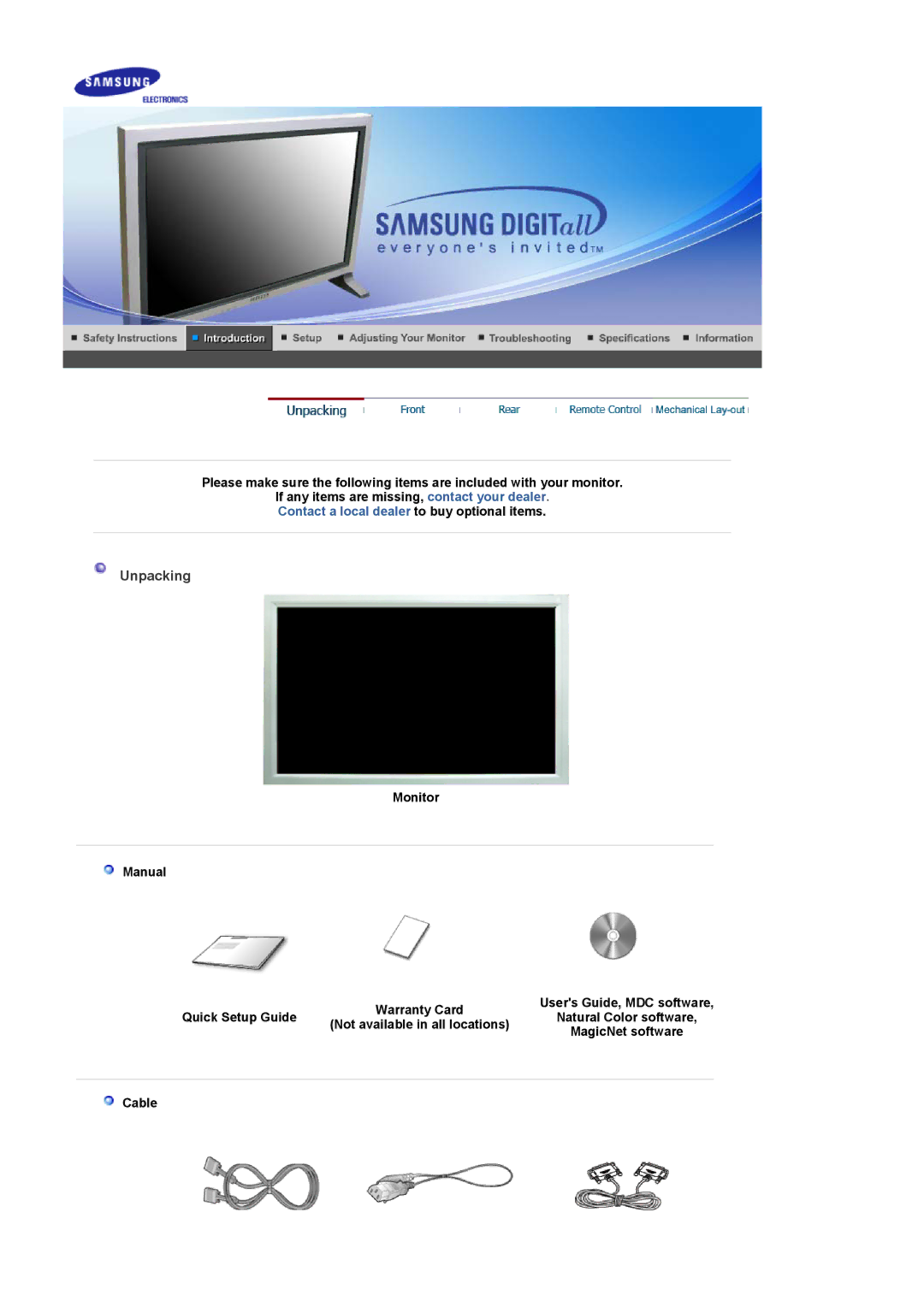 Samsung 403Tn manual Unpacking, Monitor Manual Quick Setup Guide, Cable 