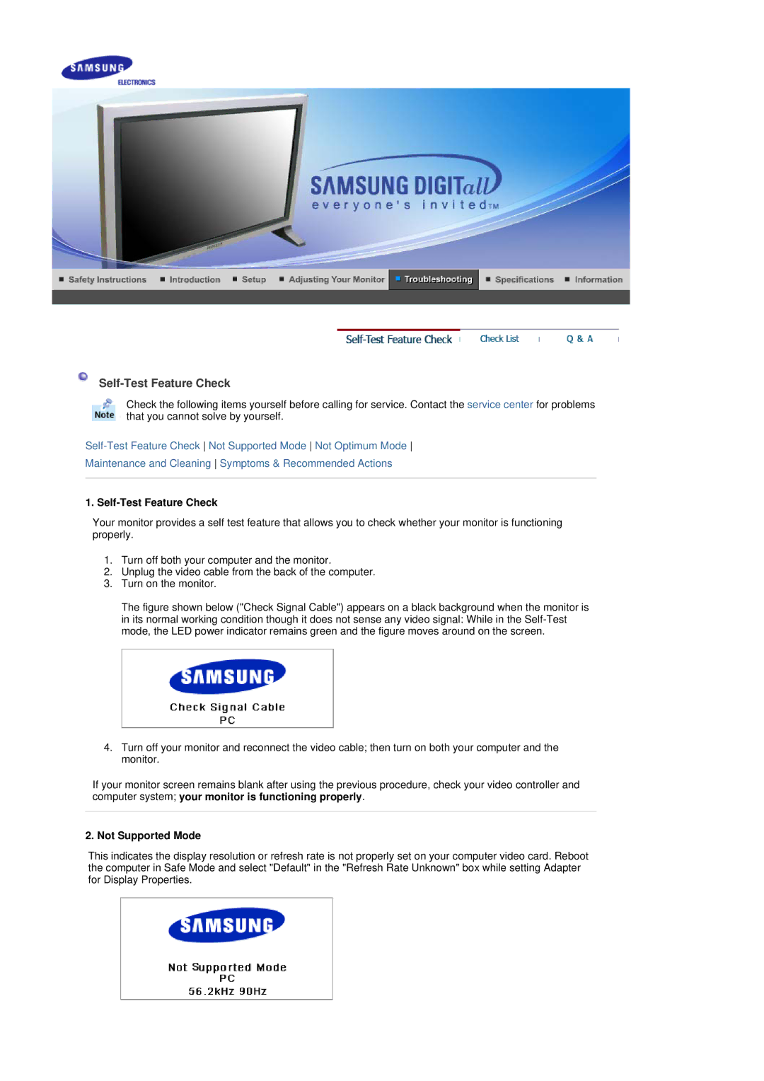 Samsung 403Tn manual Self-Test Feature Check, Not Supported Mode 