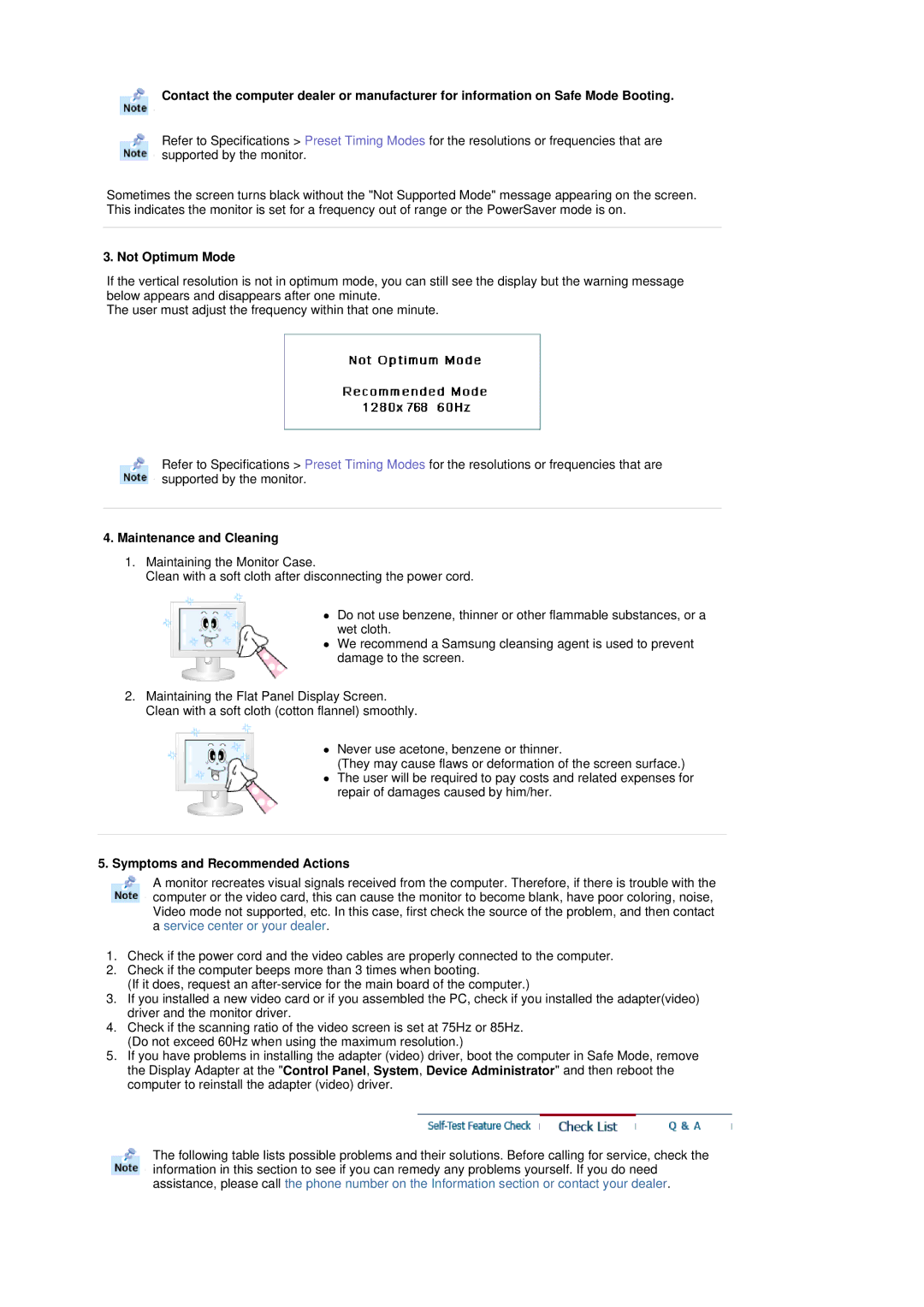 Samsung 403Tn manual Not Optimum Mode, Maintenance and Cleaning, Symptoms and Recommended Actions 