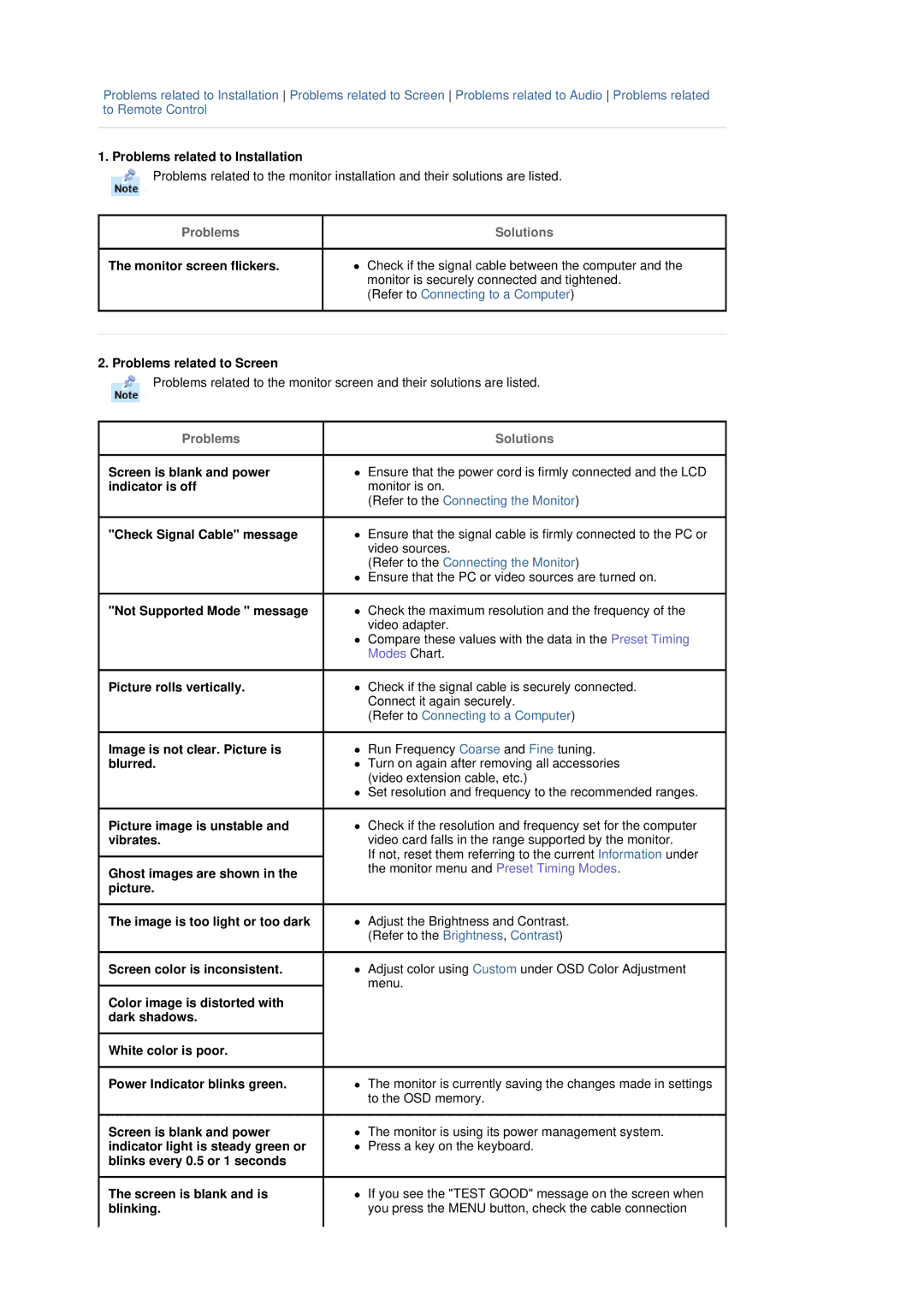 Samsung 403Tn manual Problems related to Installation, Problems related to Screen, Screen is blank and is blinking 