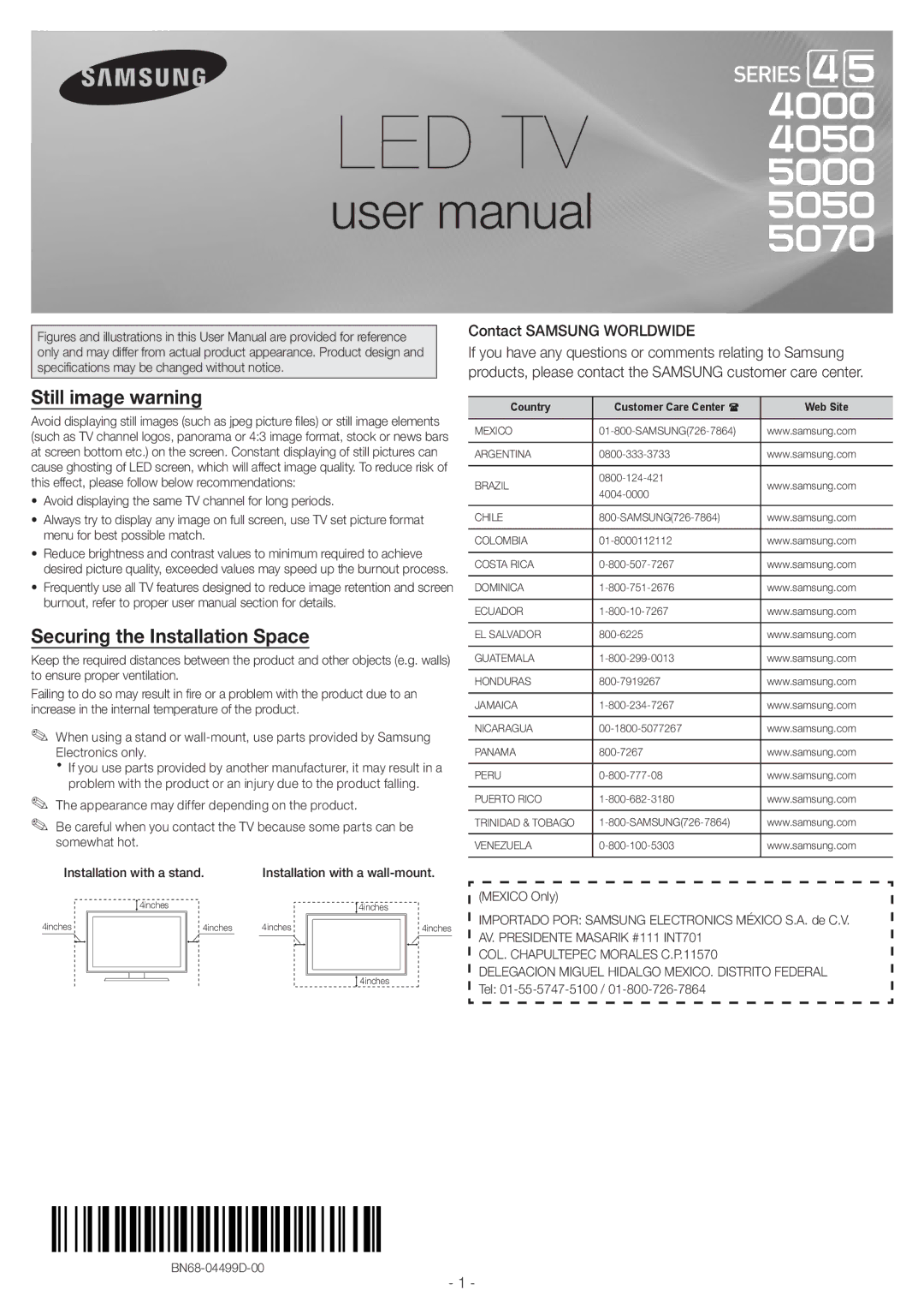 Samsung 5070, 4050, 5050, 4000 user manual Still image warning, Securing the Installation Space, Contact Samsung Worldwide 