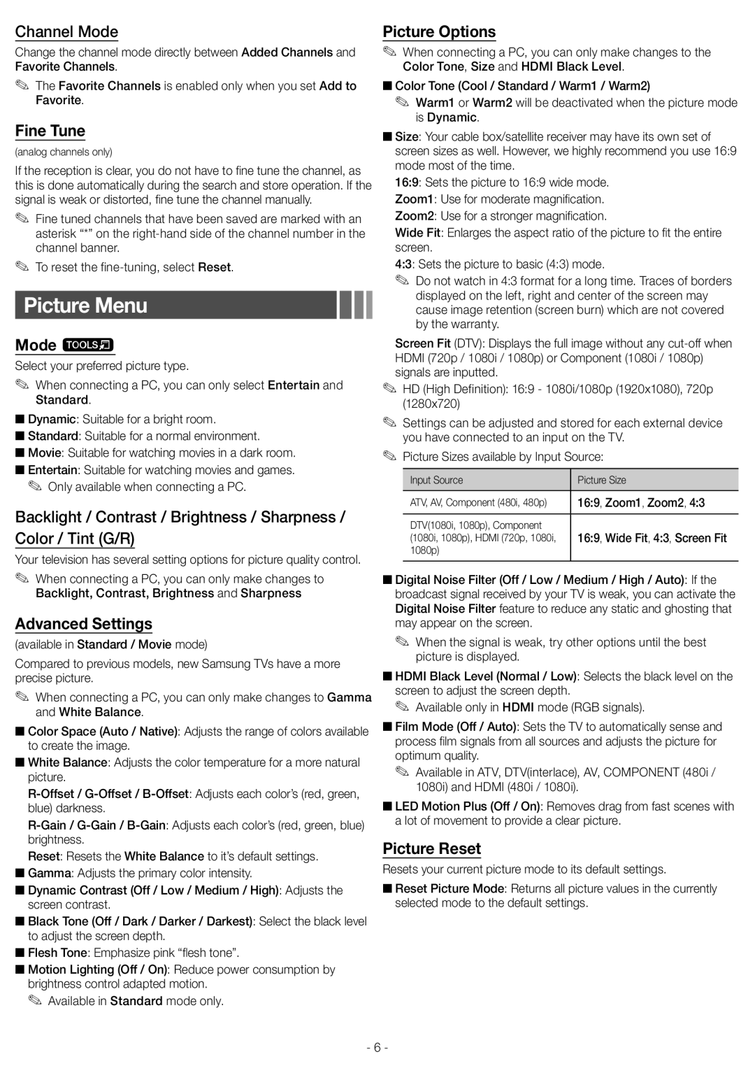 Samsung 5070, 4050, 5050, 4000, 5000 user manual Picture Menu 