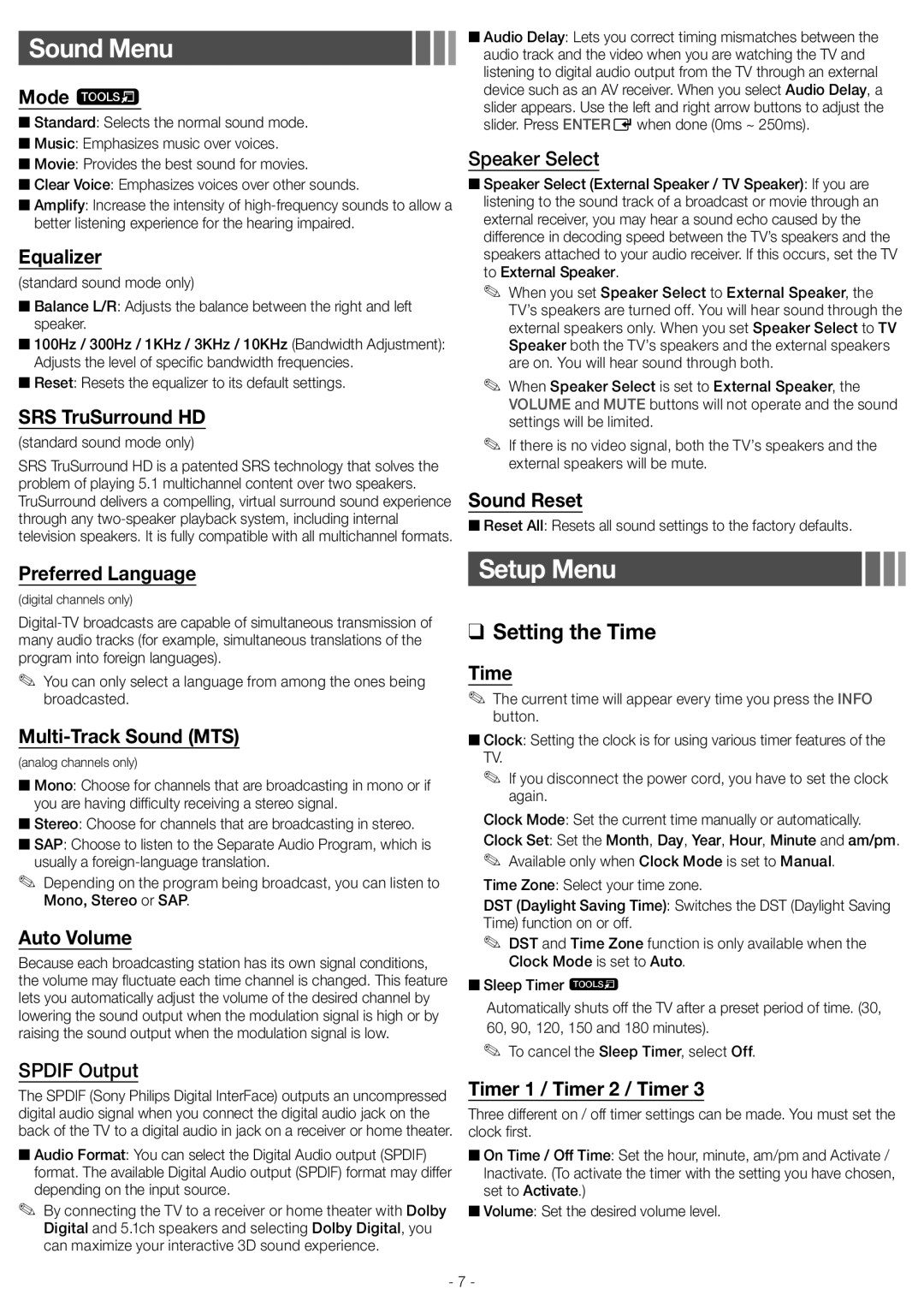 Samsung 5050, 4050, 5070, 4000, 5000 user manual Sound Menu, Setup Menu 