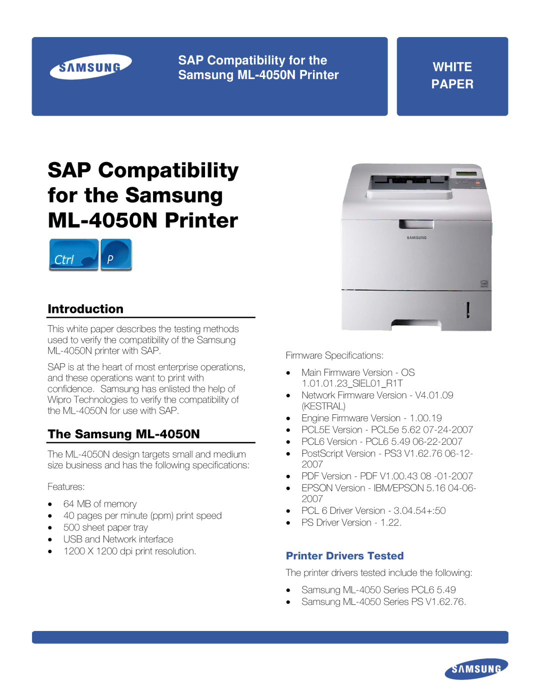 Samsung specifications Introduction, Samsung ML-4050N, Printer Drivers Tested 