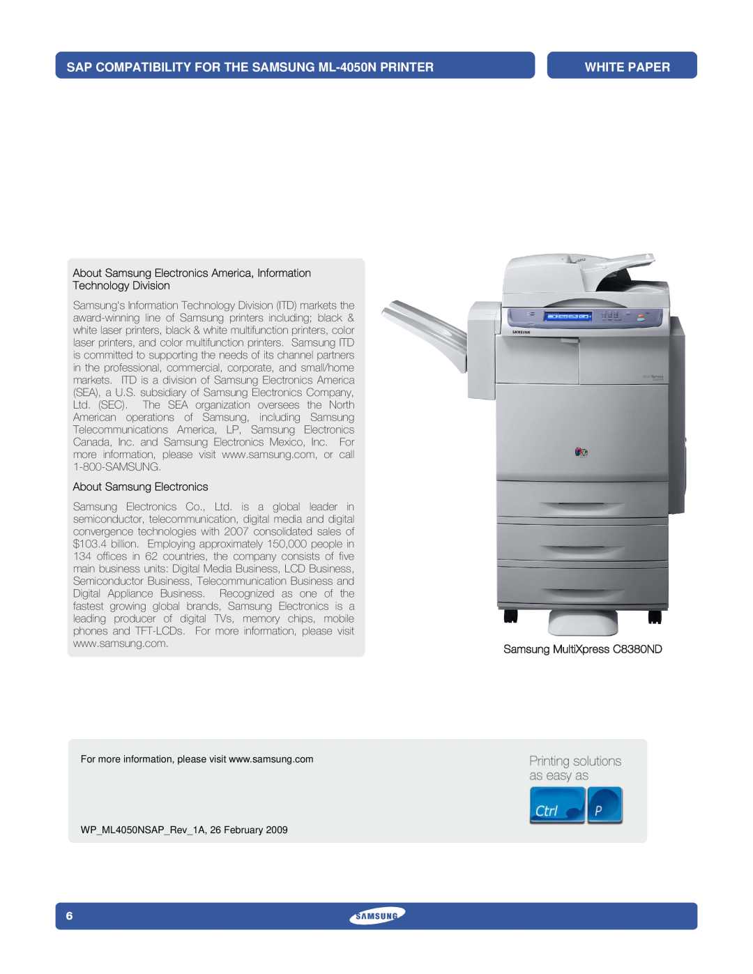 Samsung specifications SAP COMPATIBILITY FOR THE SAMSUNG ML-4050N PRINTER, White Paper, About Samsung Electronics 
