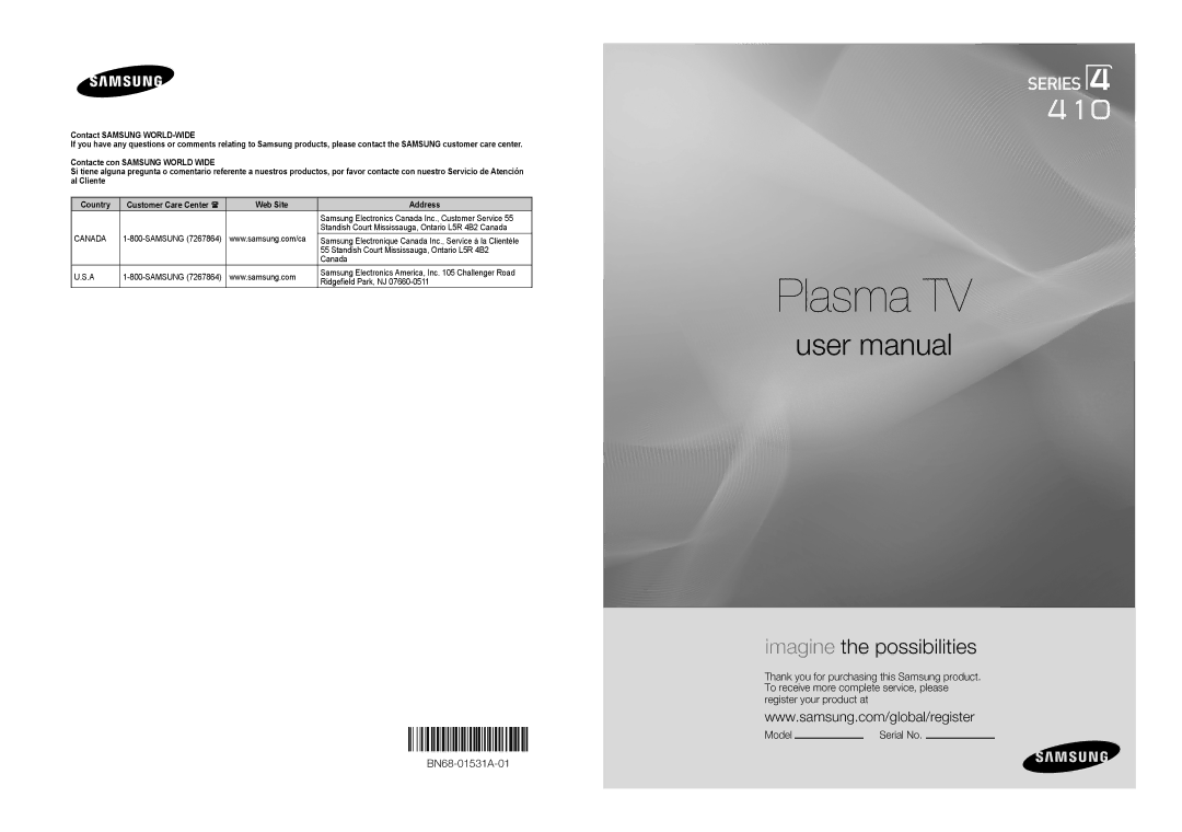 Samsung 410 Series user manual Plasma TV 