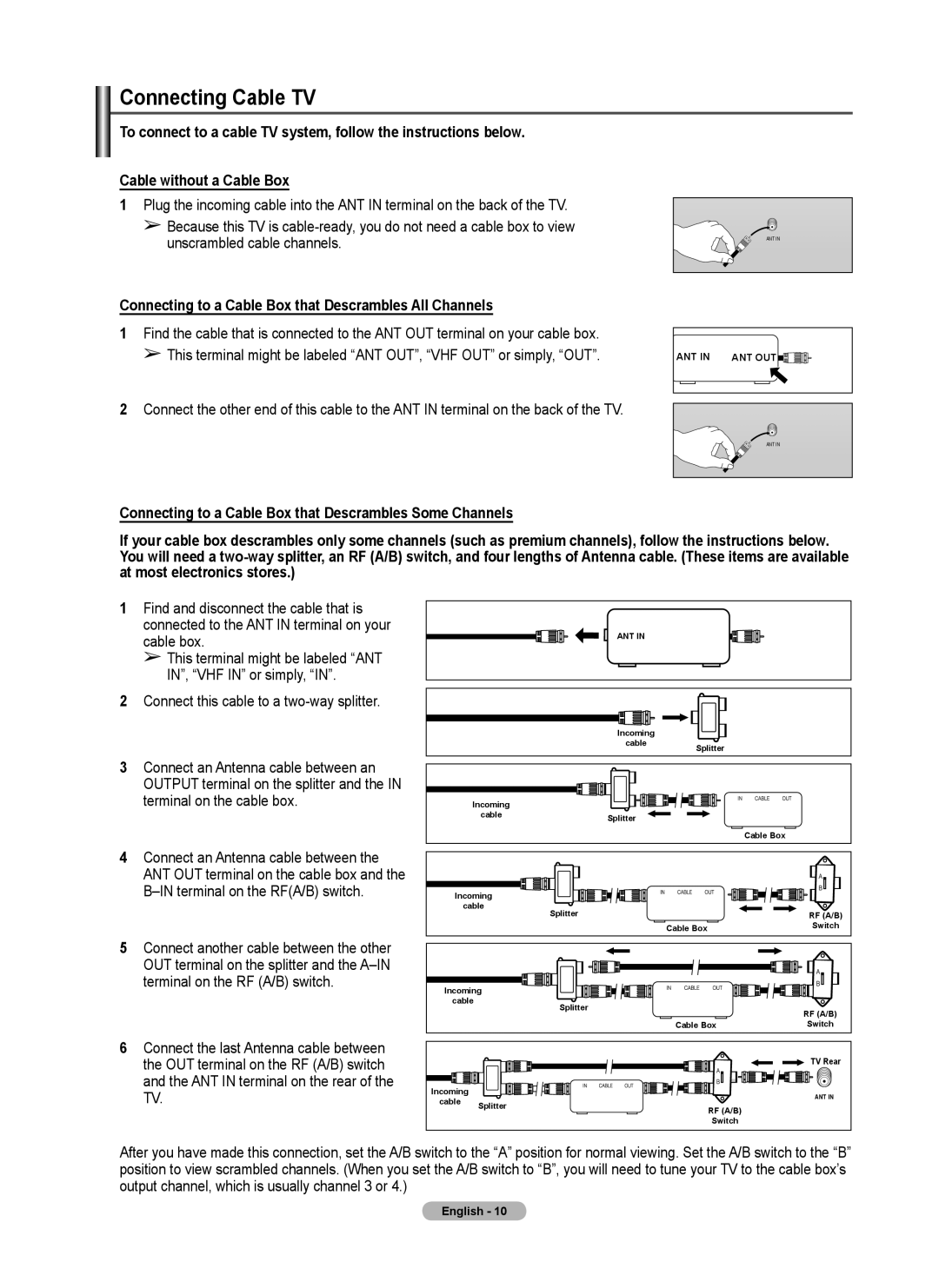 Samsung 410 Series user manual Connecting Cable TV, Connecting to a Cable Box that Descrambles All Channels 