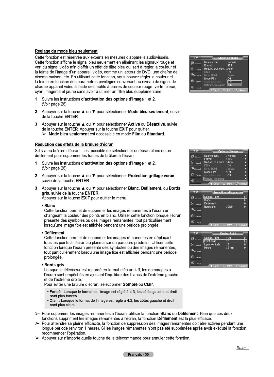 Samsung 410 Series user manual Réglage du mode bleu seulement, Blanc, Défilement, Bords gris 