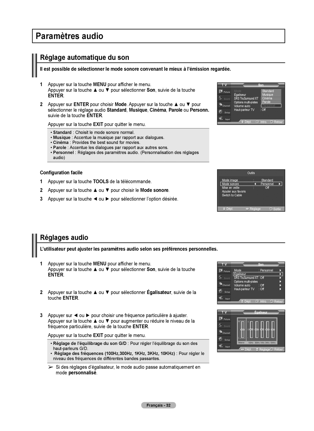 Samsung 410 Series user manual Paramètres audio, Réglage automatique du son, Réglages audio, Son, Égaliseur 