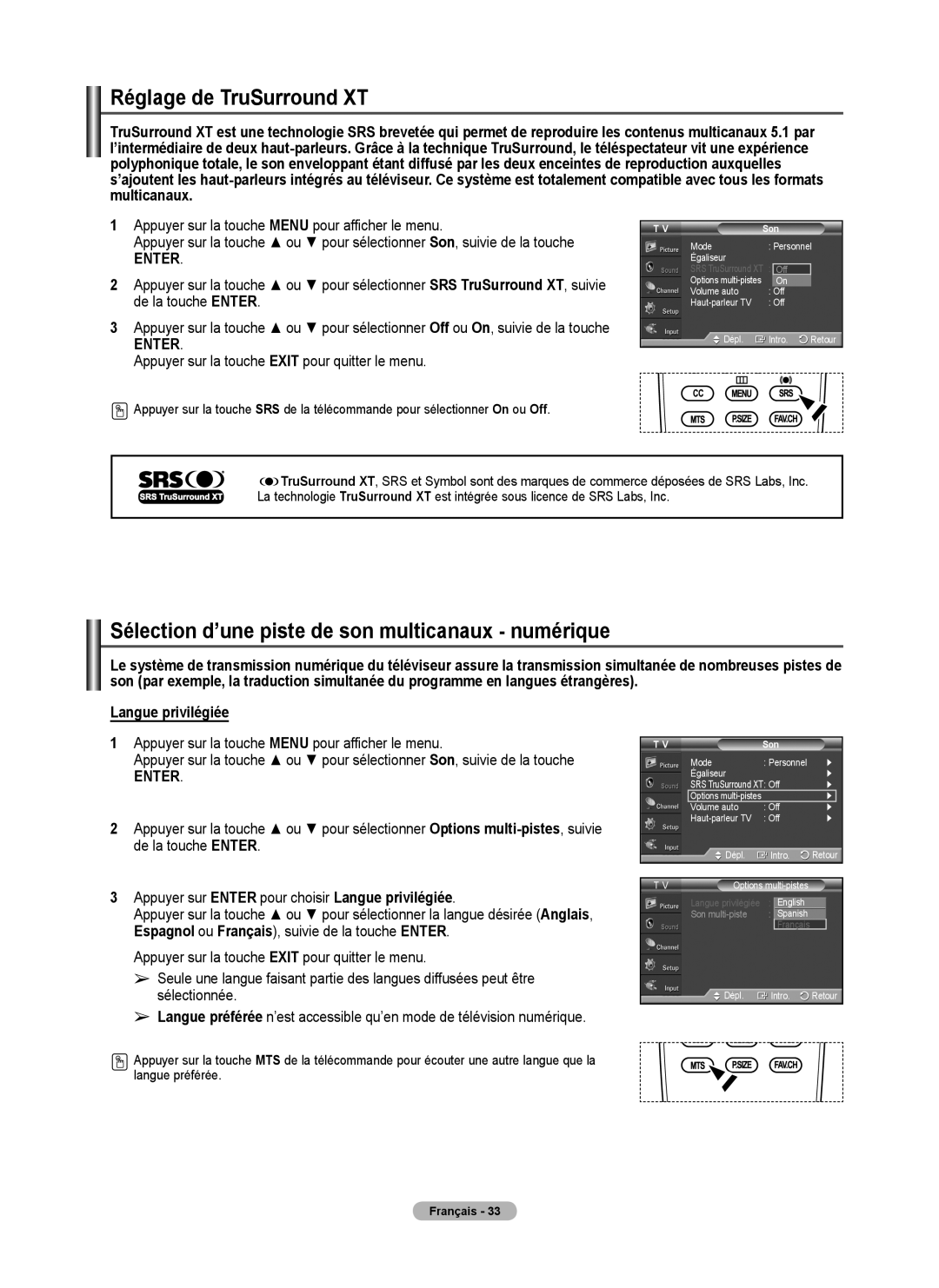 Samsung 410 Series Réglage de TruSurround XT, Sélection d’une piste de son multicanaux numérique, Langue privilégiée 