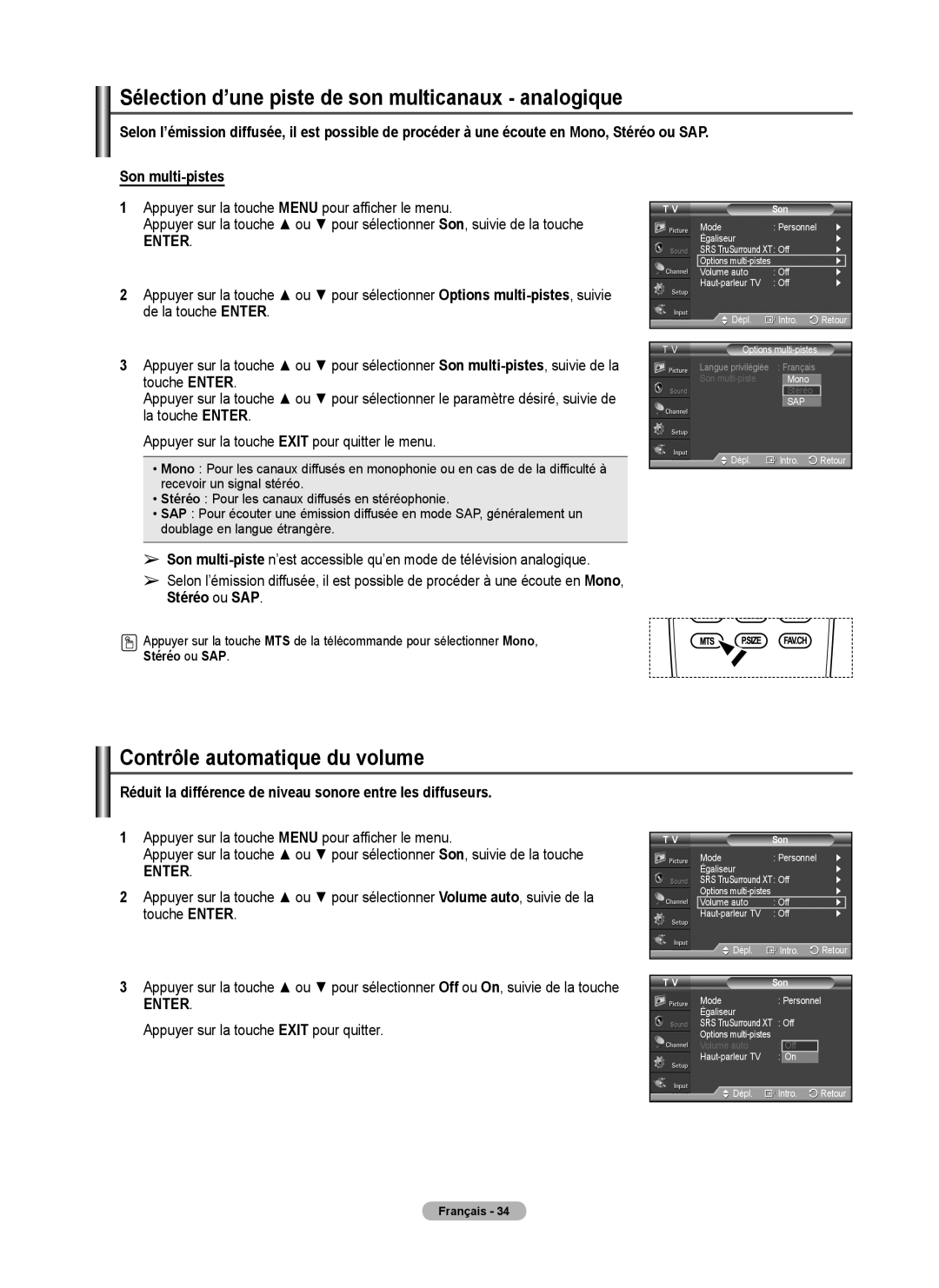 Samsung 410 Series user manual Sélection d’une piste de son multicanaux analogique, Contrôle automatique du volume 