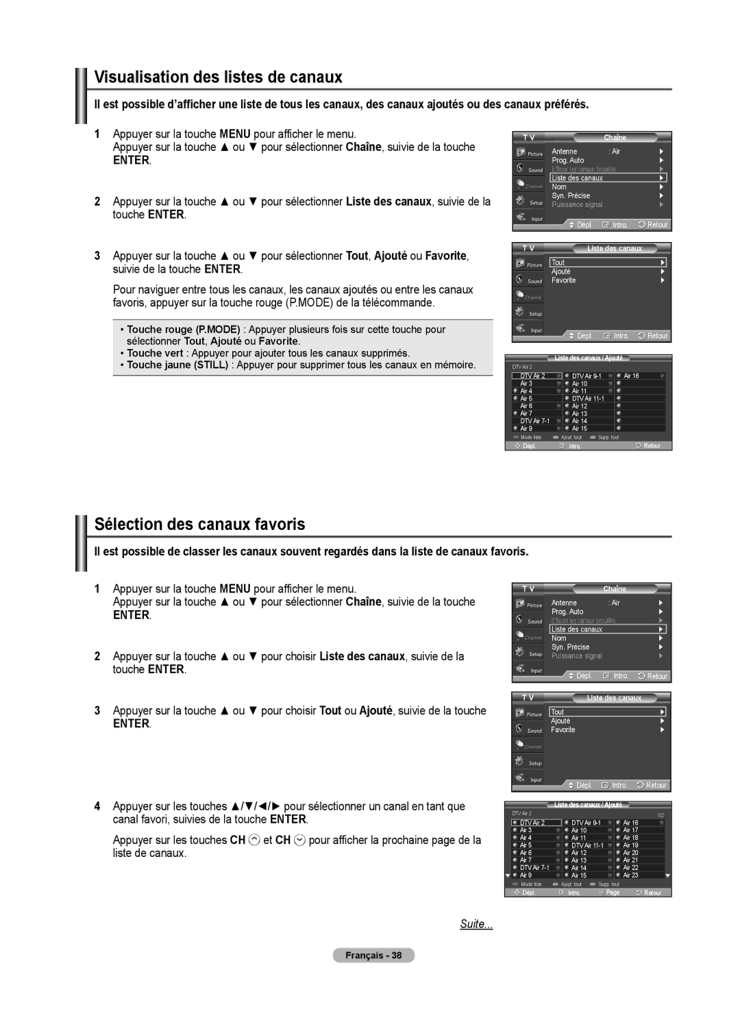 Samsung 410 Series user manual Visualisation des listes de canaux, Sélection des canaux favoris 