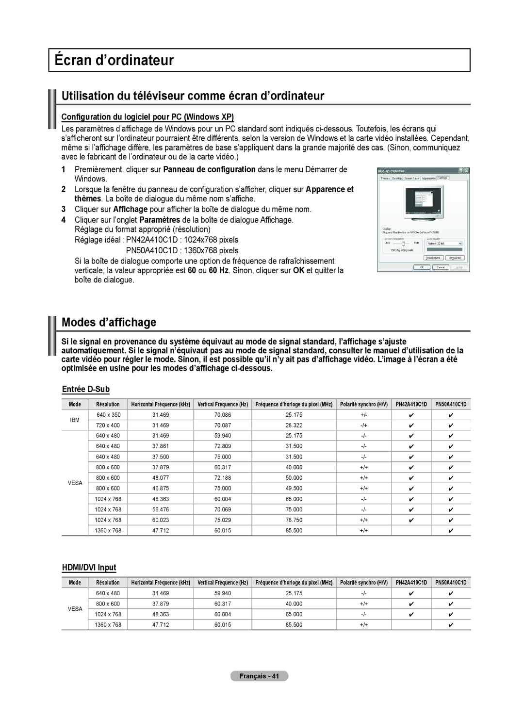 Samsung 410 Series user manual Écran d’ordinateur, Utilisation du téléviseur comme écran d’ordinateur, Modes d’affichage 