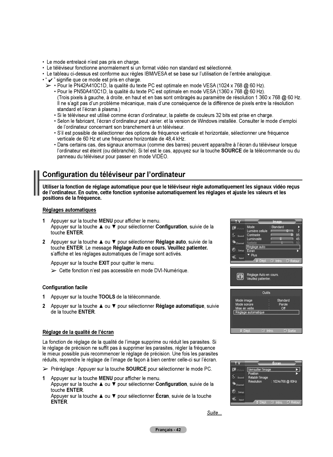 Samsung 410 Series user manual Configuration du téléviseur par l’ordinateur, Réglage de la qualité de l’écran, Écran 