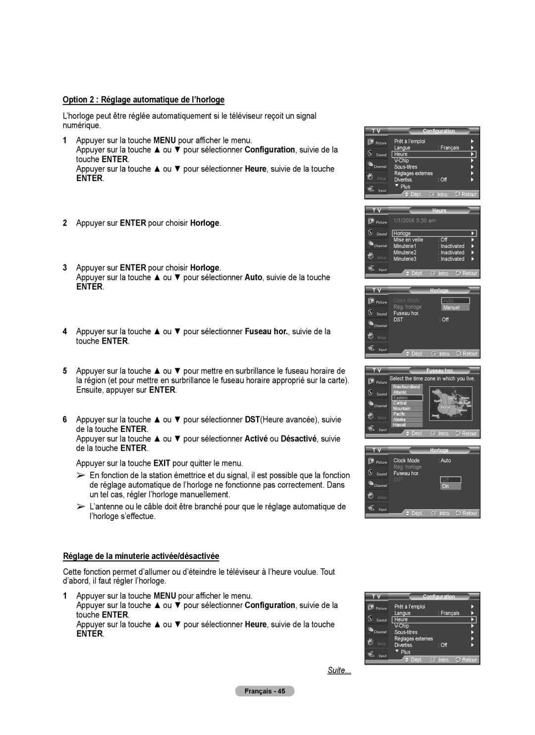 Samsung 410 Series Option 2 Réglage automatique de l’horloge, Réglage de la minuterie activée/désactivée, Heure, Horloge 