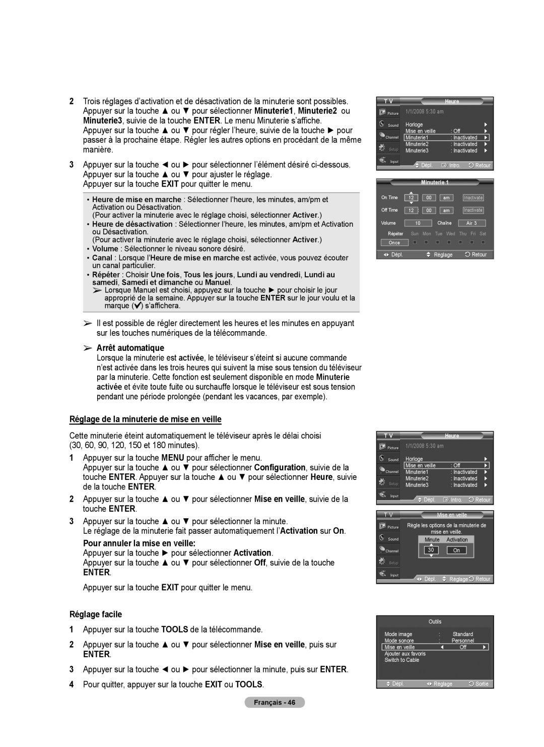 Samsung 410 Series user manual Arrêt automatique, Réglage de la minuterie de mise en veille, Pour annuler la mise en veille 