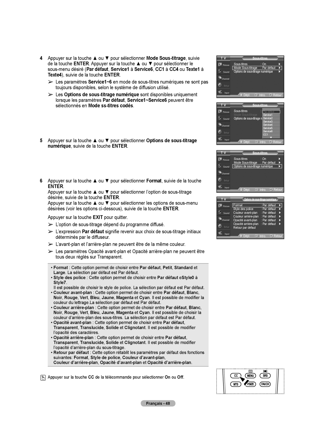 Samsung 410 Series user manual Sous-titres Mode Sous-titrage Par défaut 