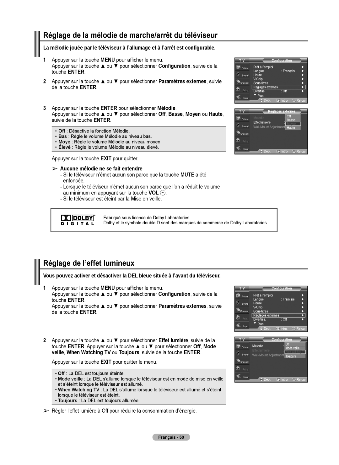 Samsung 410 Series user manual Réglage de la mélodie de marche/arrêt du téléviseur, Réglage de l’effet lumineux 