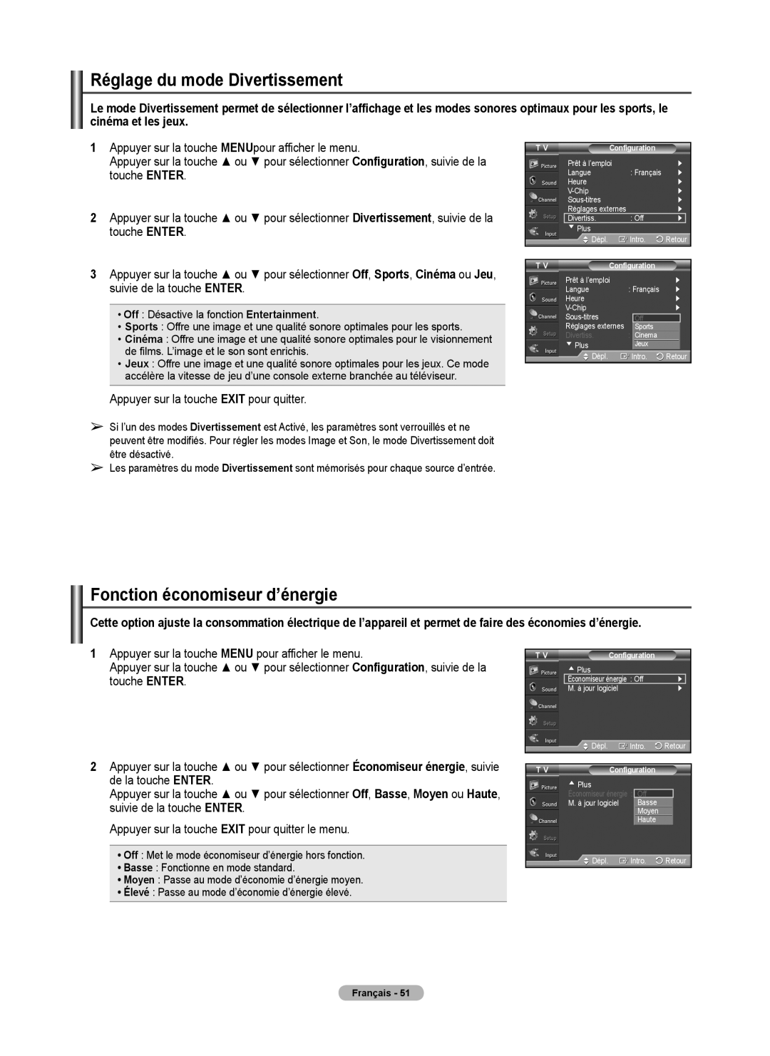 Samsung 410 Series user manual Réglage du mode Divertissement, Fonction économiseur d’énergie 