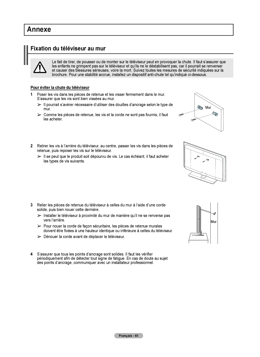 Samsung 410 Series user manual Annexe, Fixation du téléviseur au mur, Pour éviter la chute du téléviseur 