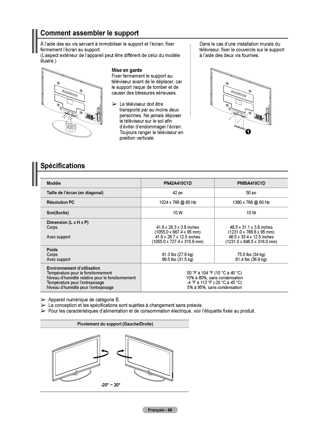 Samsung 410 Series user manual Comment assembler le support, Spécifications, Mise en garde 