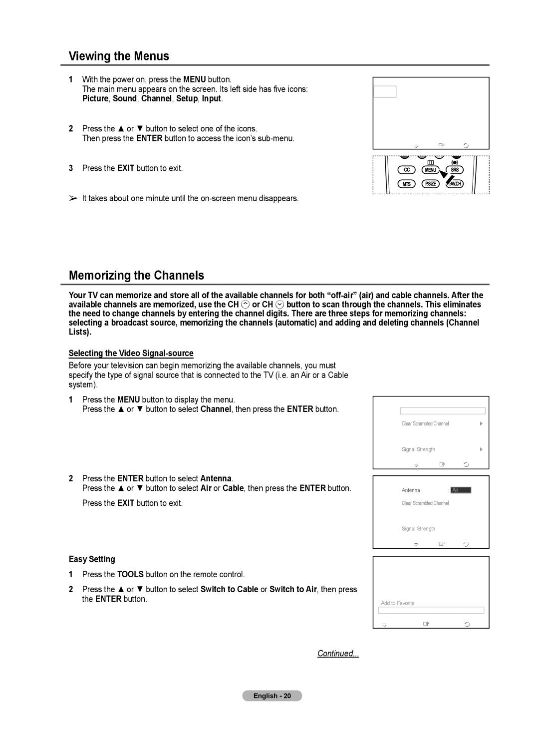 Samsung 410 Series user manual Viewing the Menus, Memorizing the Channels, Easy Setting, Picture 