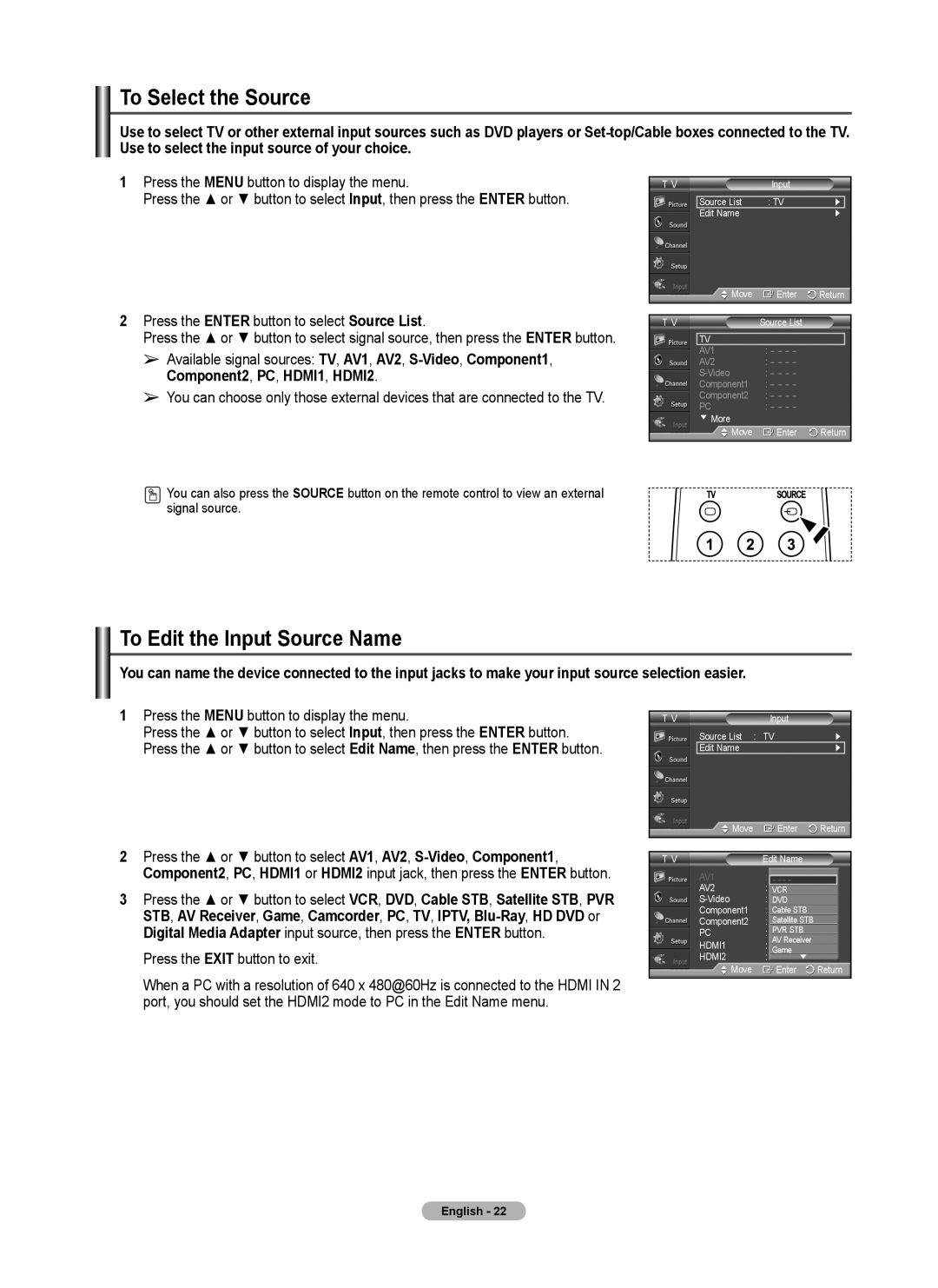 Samsung 410 Series user manual To Select the Source, To Edit the Input Source Name 