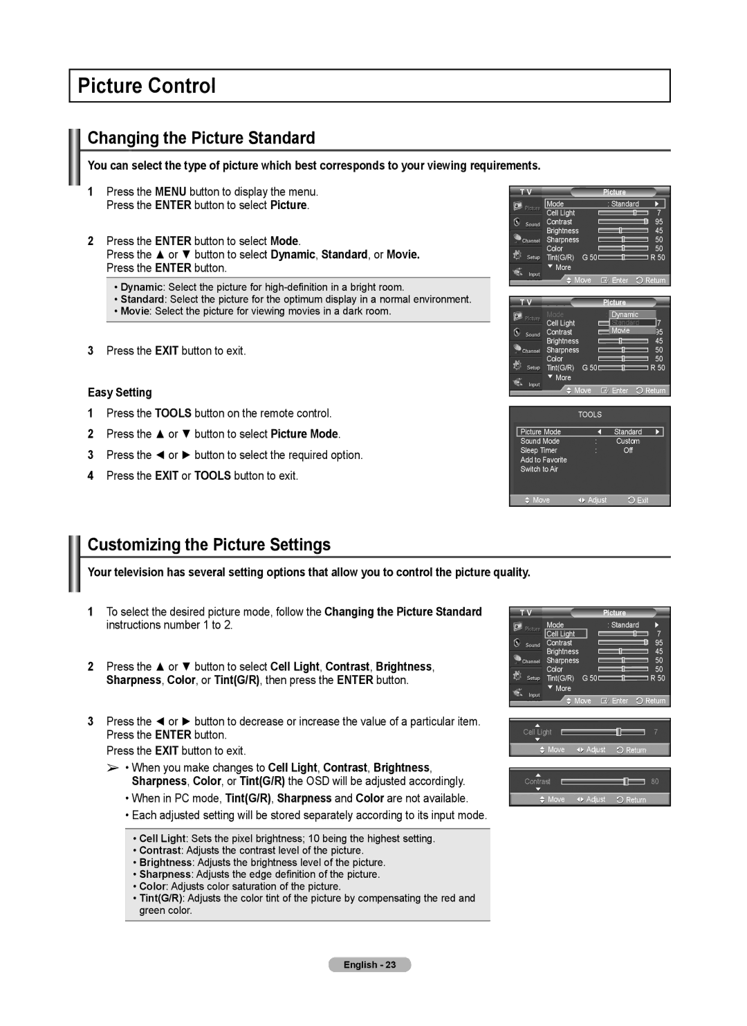 Samsung 410 Series user manual Picture Control, Changing the Picture Standard, Customizing the Picture Settings 