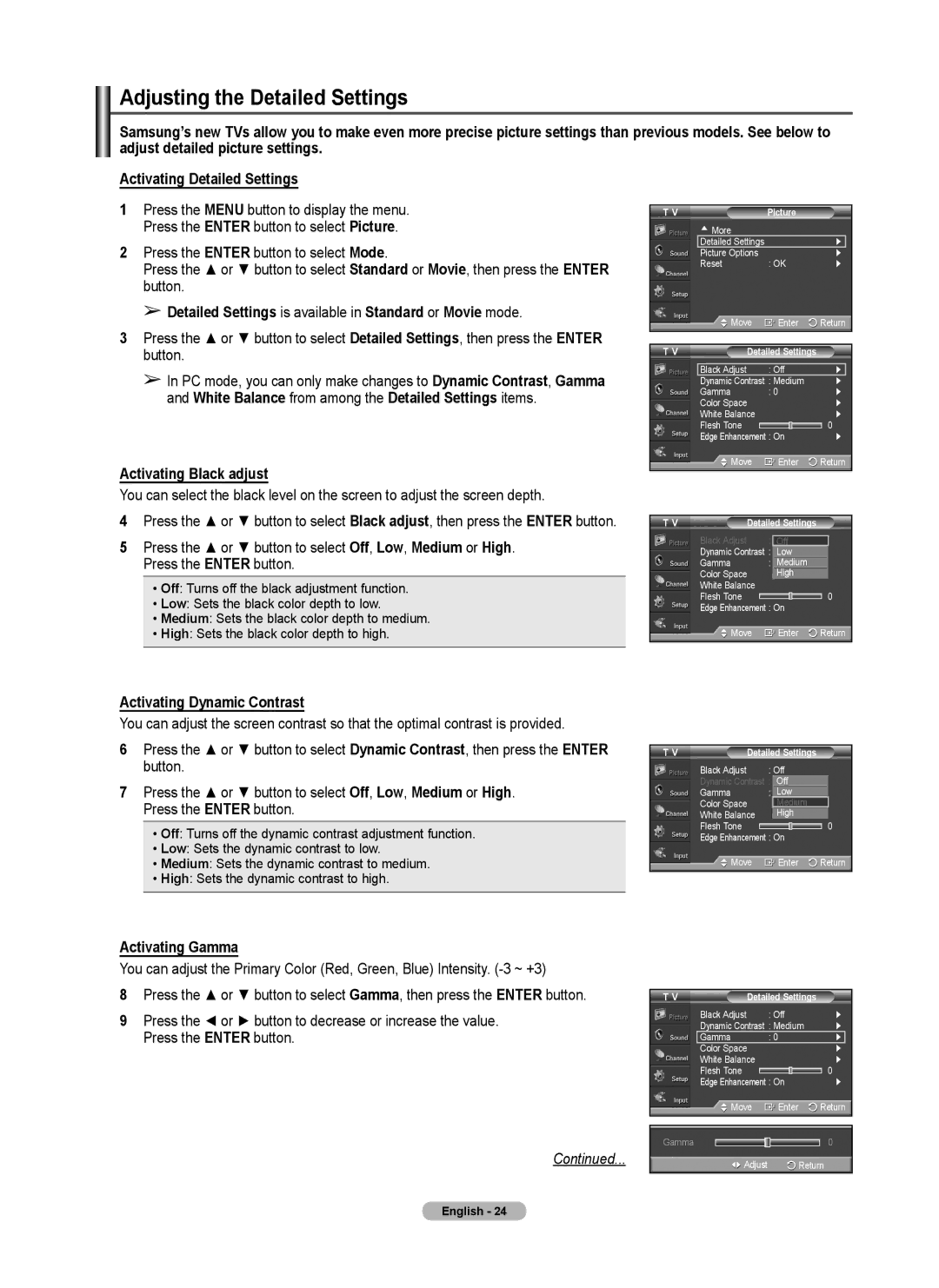 Samsung 410 Series user manual Adjusting the Detailed Settings, Detailed Settings is available in Standard or Movie mode 