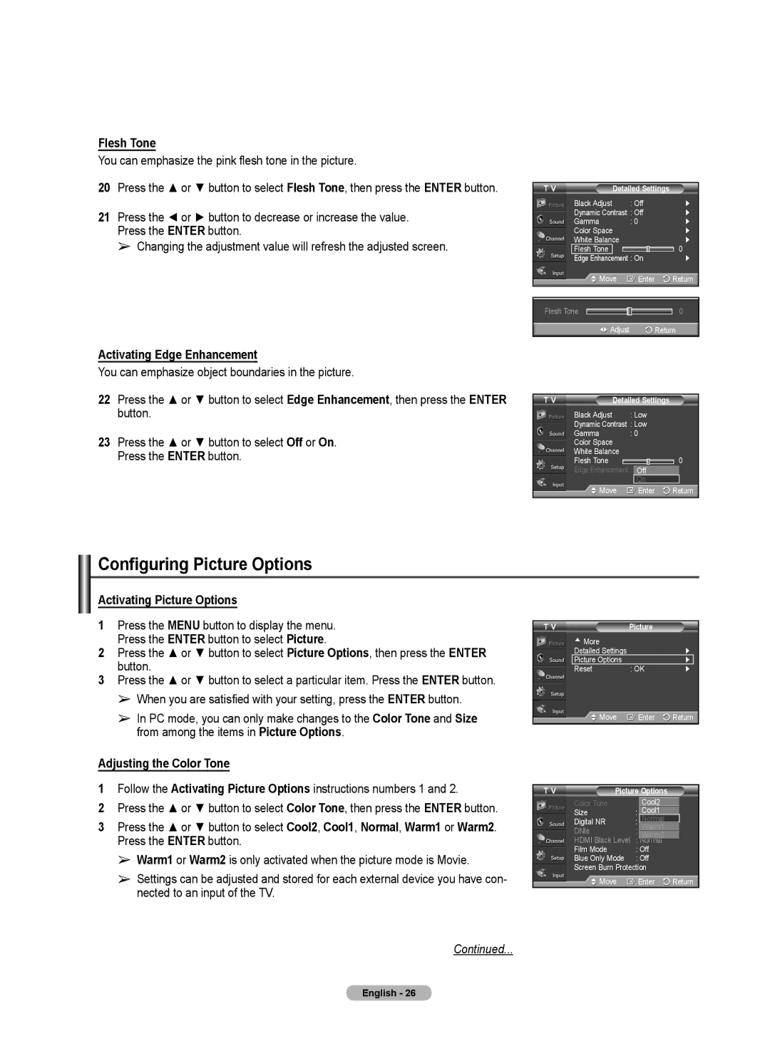 Samsung 410 Series Configuring Picture Options, Flesh Tone, Activating Edge Enhancement, Activating Picture Options 