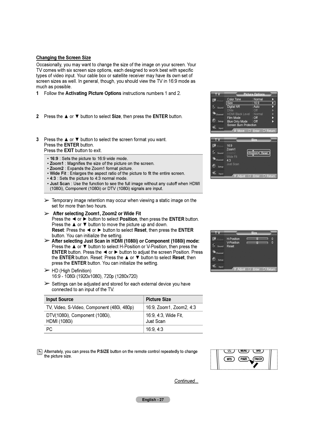 Samsung 410 Series Changing the Screen Size, After selecting Zoom1, Zoom2 or Wide Fit, Input Source Picture Size 