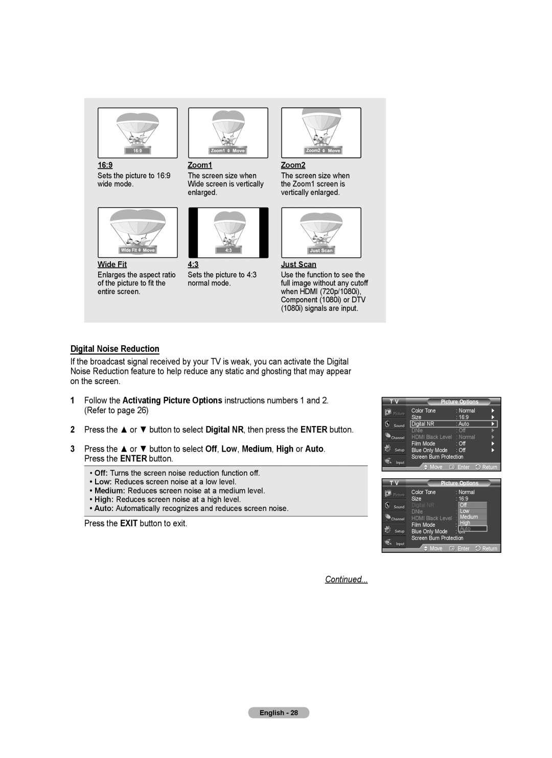 Samsung 410 Series user manual Digital Noise Reduction, Zoom1 Zoom2 