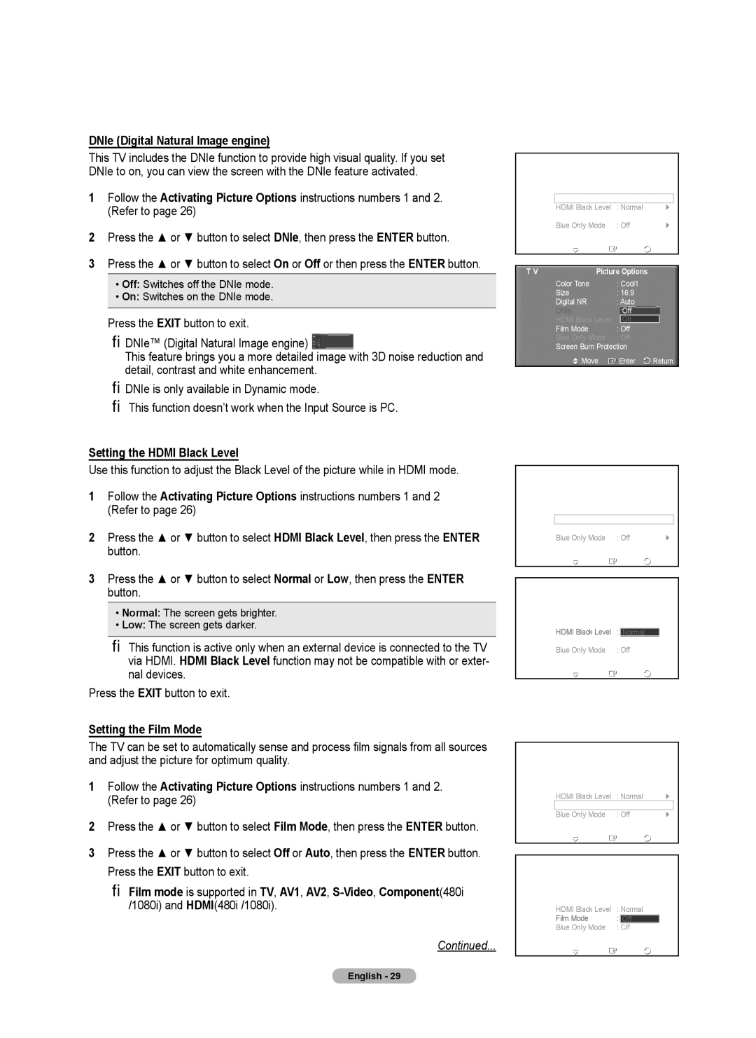 Samsung 410 Series user manual DNIe Digital Natural Image engine, Setting the Hdmi Black Level, Setting the Film Mode 