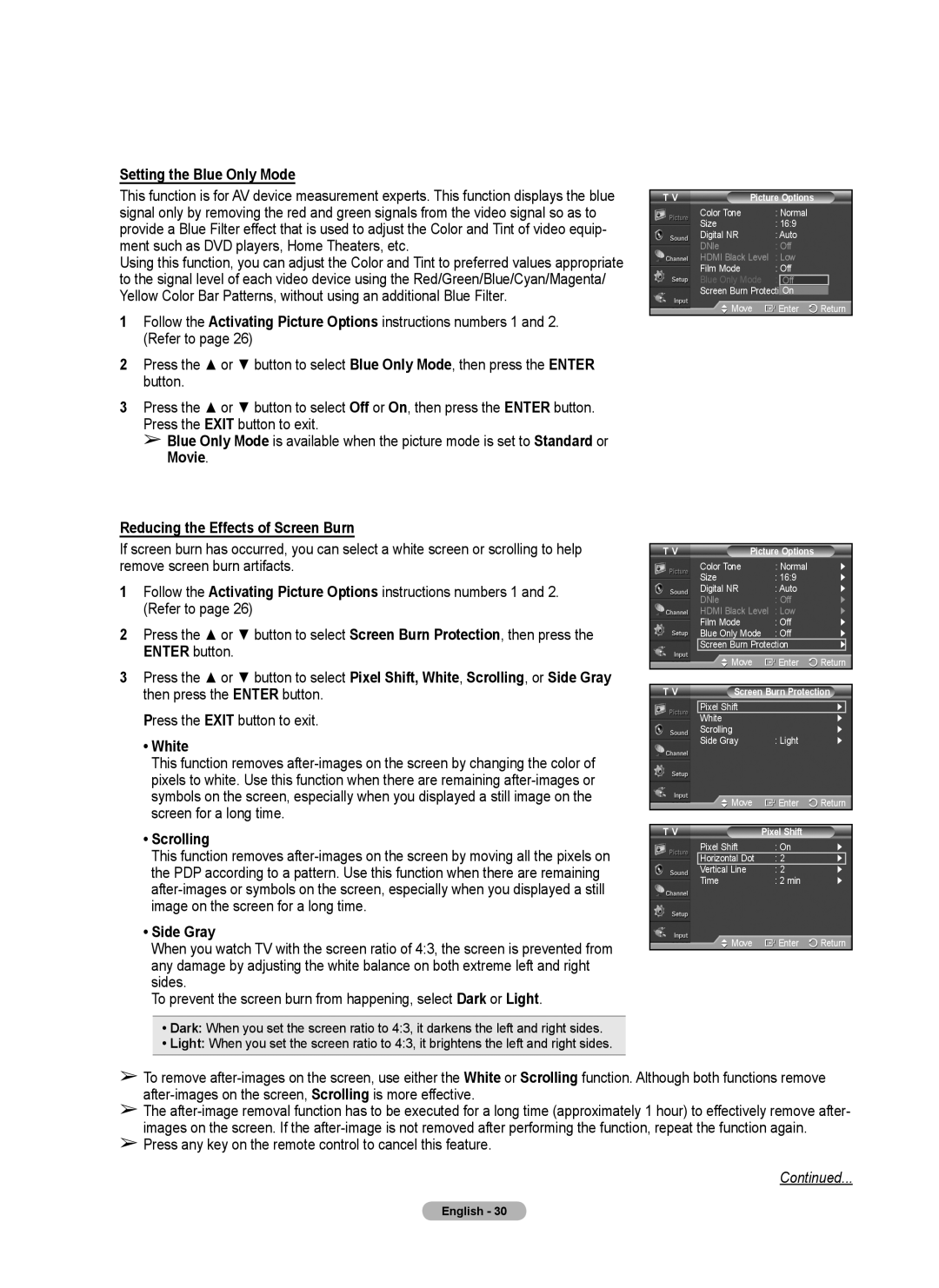 Samsung 410 Series user manual Setting the Blue Only Mode, Reducing the Effects of Screen Burn, White, Scrolling, Side Gray 