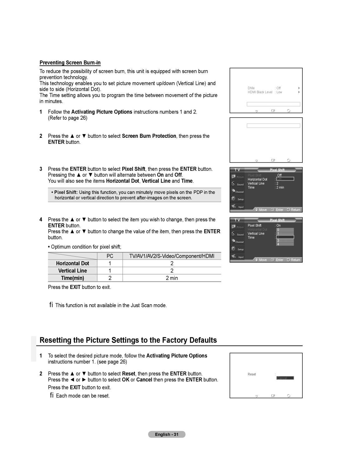 Samsung 410 Series user manual Resetting the Picture Settings to the Factory Defaults, Preventing Screen Burn-in 