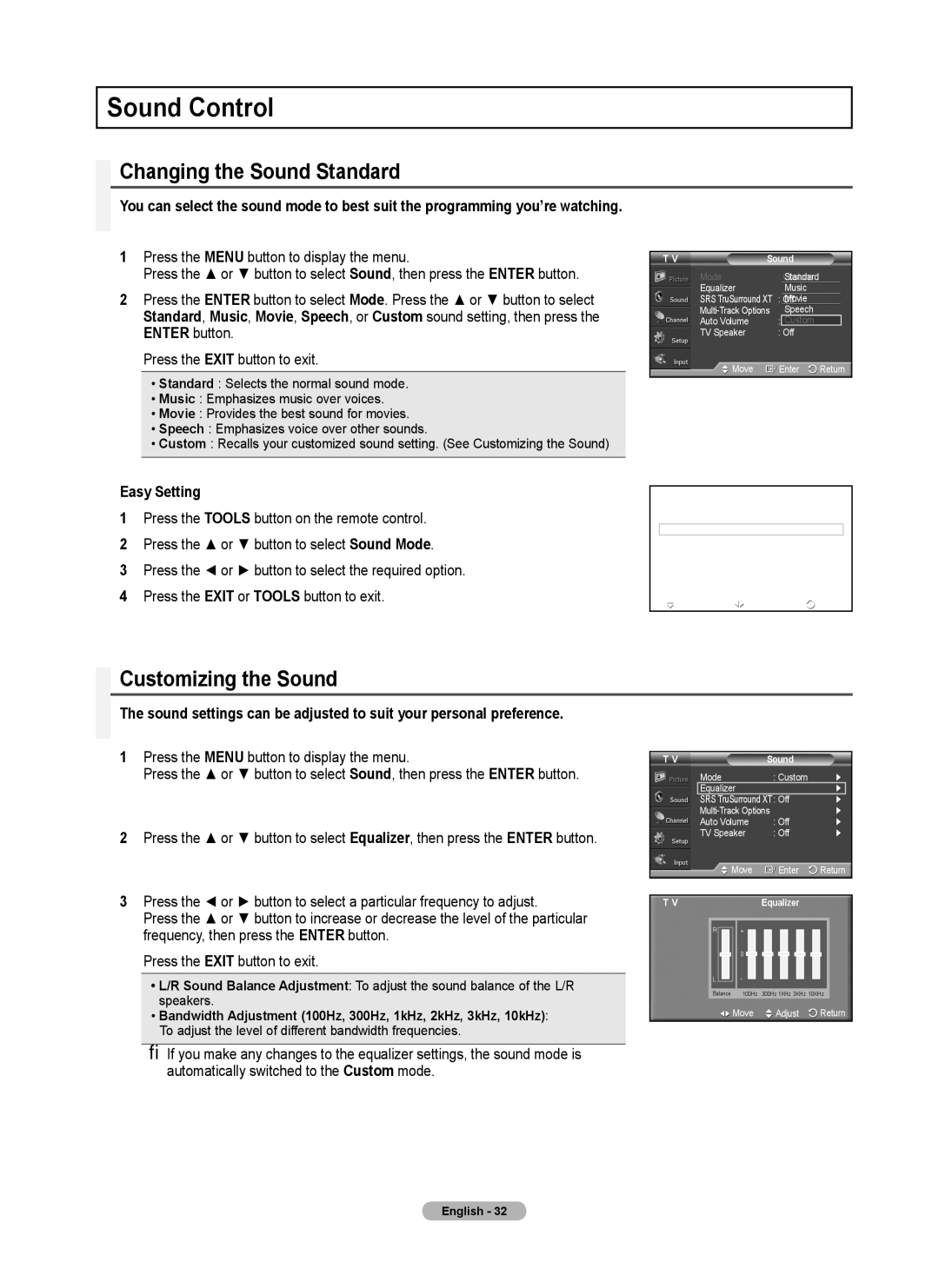 Samsung 410 Series user manual Sound Control, Changing the Sound Standard, Customizing the Sound 