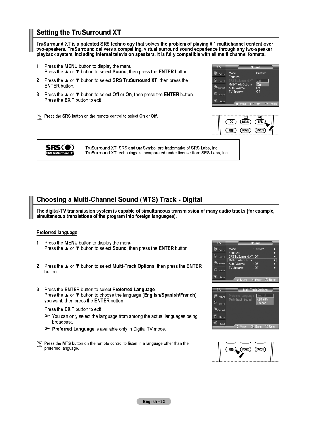 Samsung 410 Series user manual Setting the TruSurround XT, Choosing a Multi-Channel Sound MTS Track Digital 