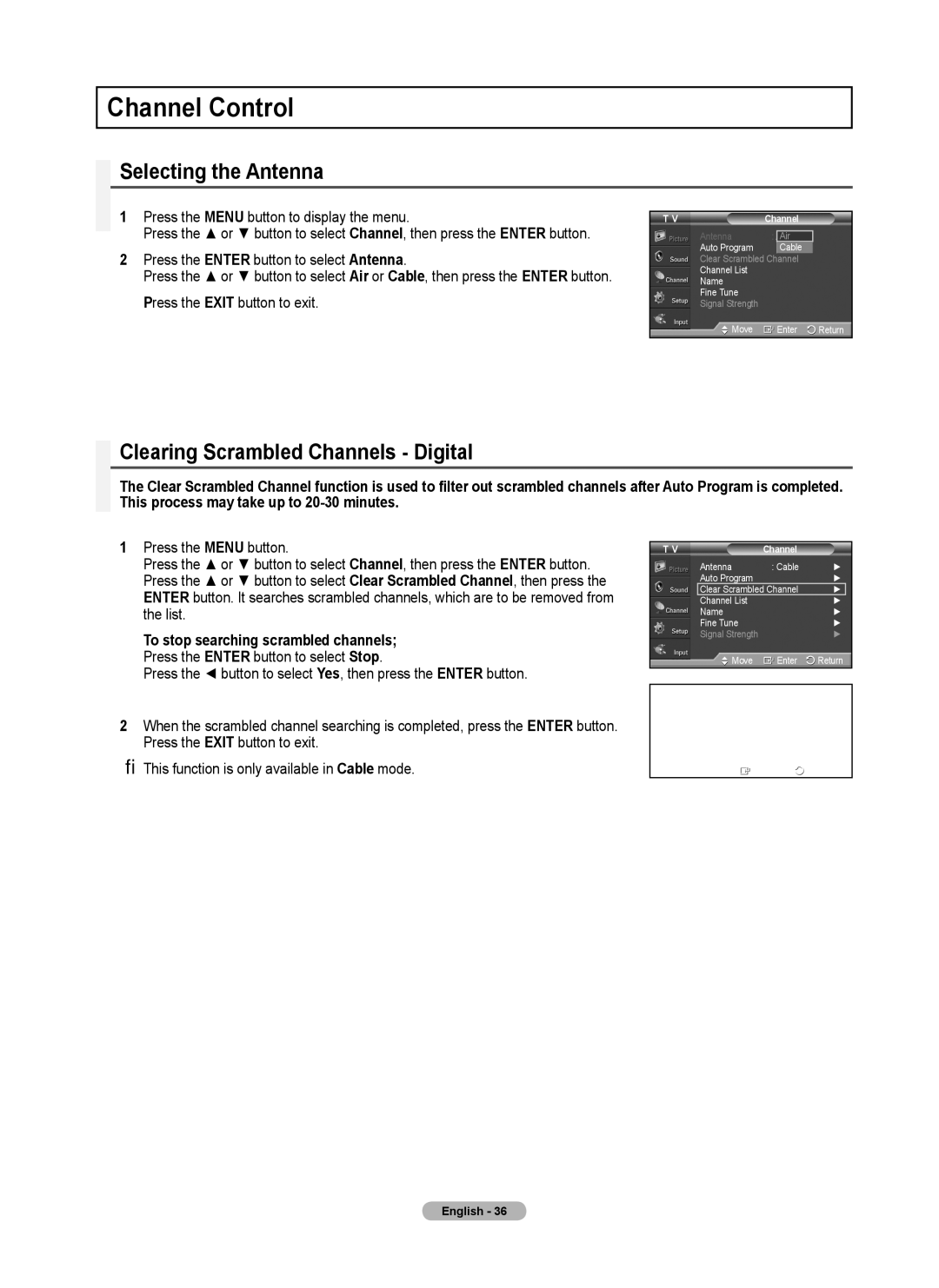 Samsung 410 Series user manual Channel Control, Selecting the Antenna, Clearing Scrambled Channels Digital 