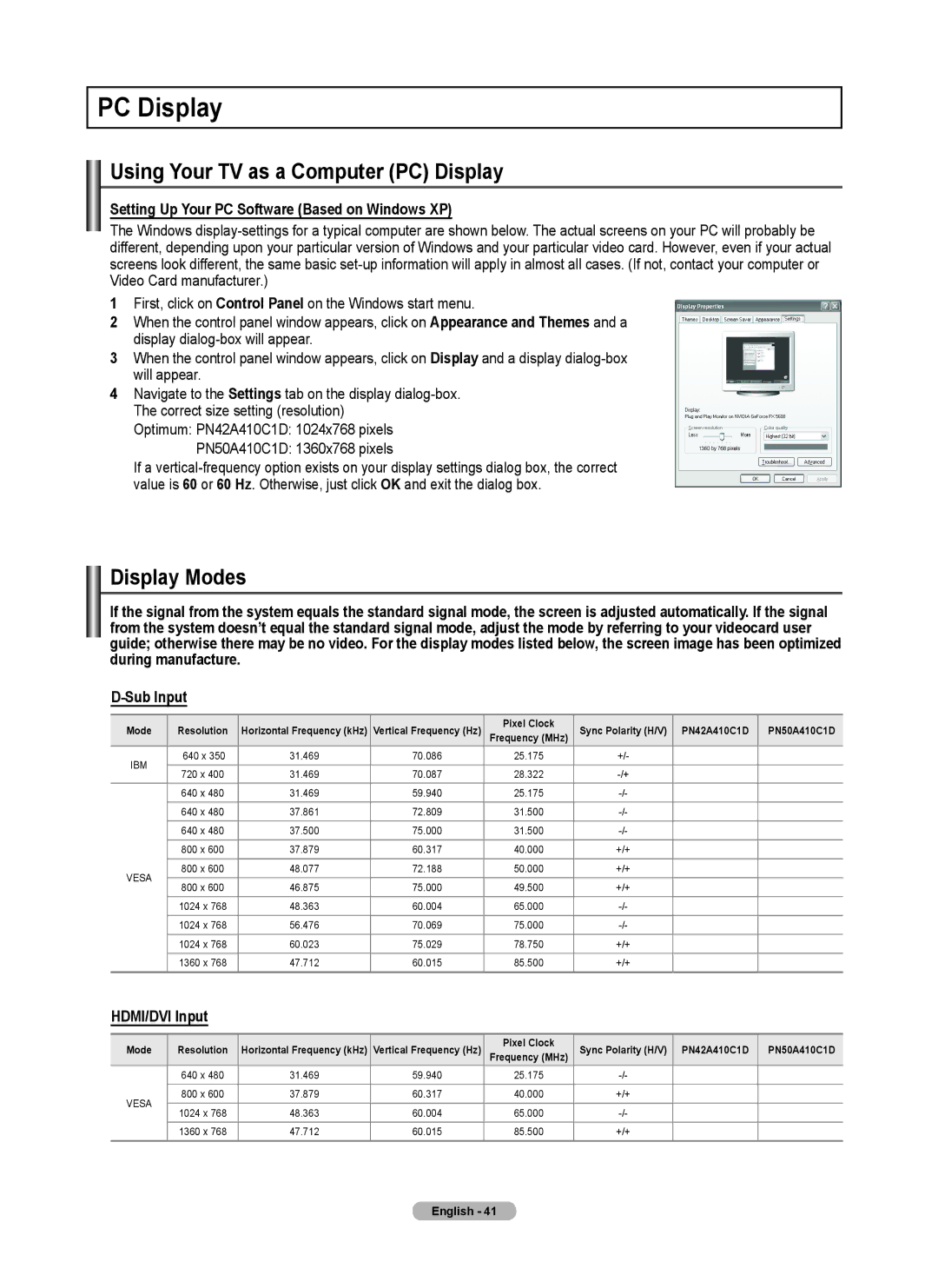 Samsung 410 Series user manual Using Your TV as a Computer PC Display, Display Modes, HDMI/DVI Input 